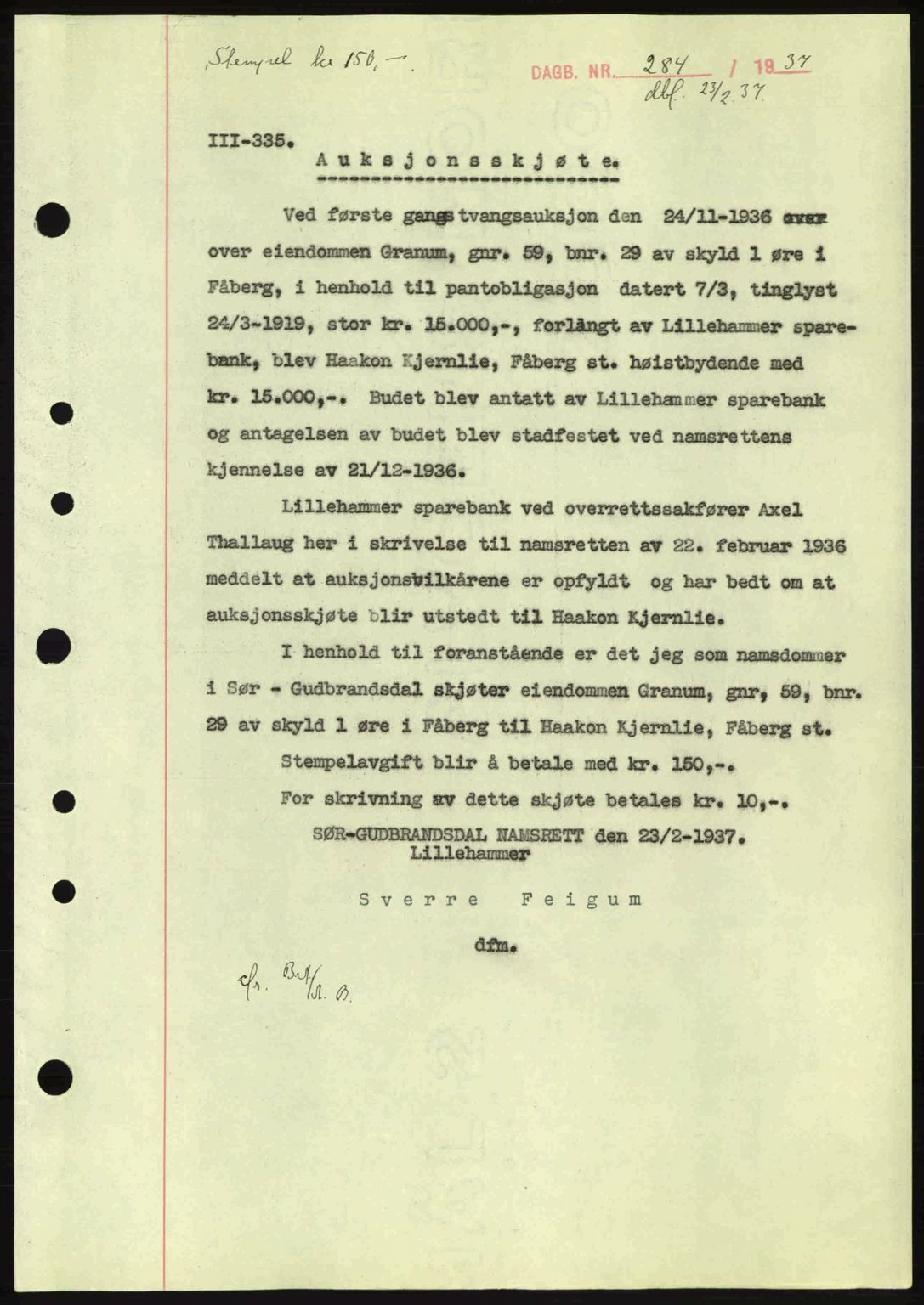 Sør-Gudbrandsdal tingrett, SAH/TING-004/H/Hb/Hbd/L0002: Pantebok nr. A2, 1936-1937, Dagboknr: 284/1937