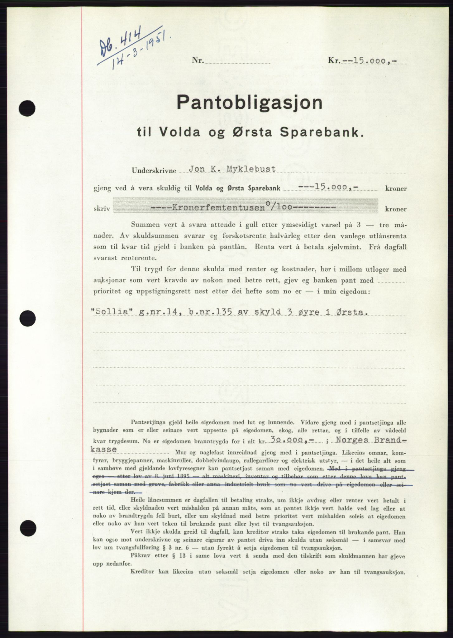 Søre Sunnmøre sorenskriveri, SAT/A-4122/1/2/2C/L0119: Pantebok nr. 7B, 1950-1951, Dagboknr: 414/1951