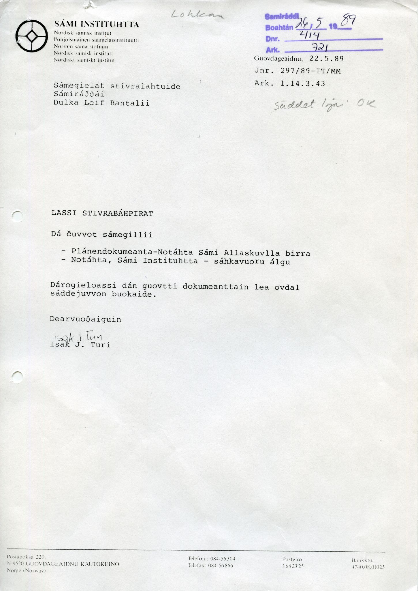 Sámiráđđi / Saami Council, AV/SAMI-PA-1126/A/L0018: Sámiráđđi Sámi Instituhtta, 1987-1989