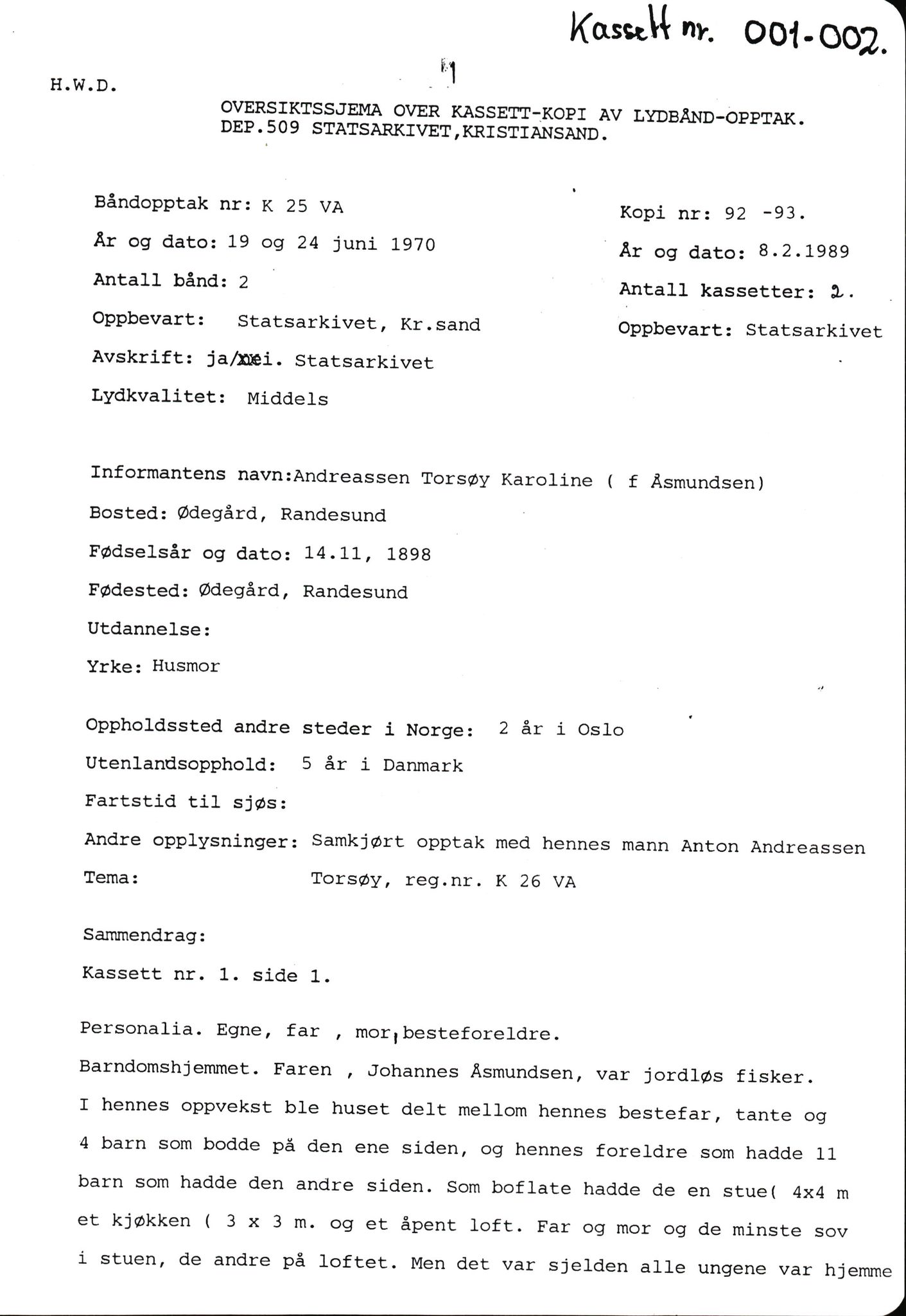 Hartvig W. Dannevig, SAK/D/0508/F/Fb/L0012C: Katalog og sammendrag over Hartvig Dannevigs samling av intervjuer om kystkultur på Agder, 1964-1972, s. 1