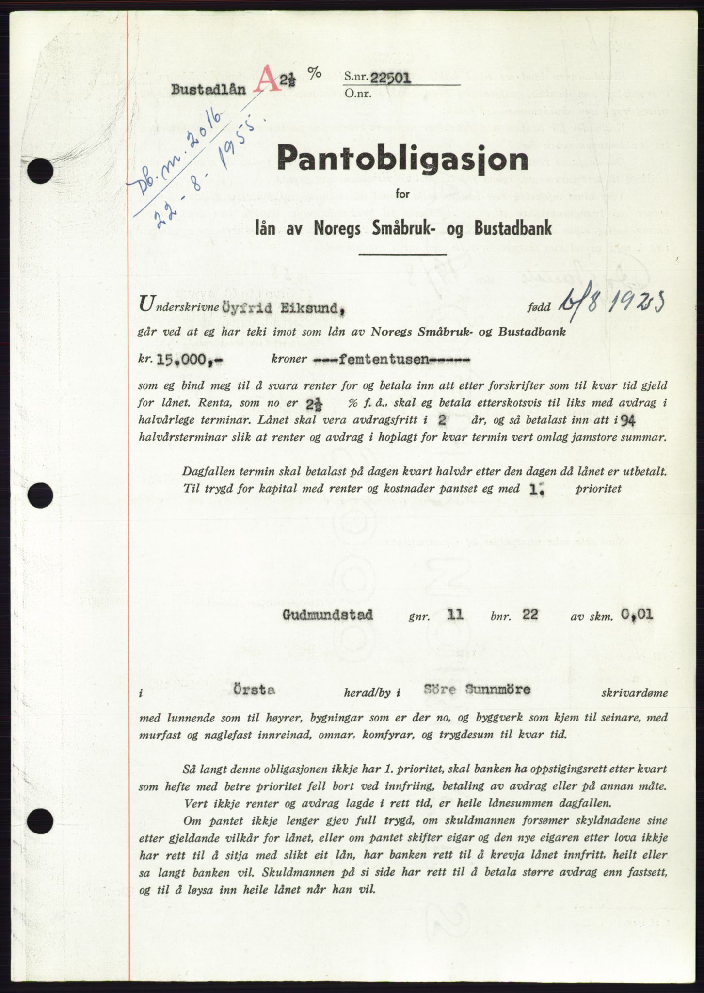 Søre Sunnmøre sorenskriveri, SAT/A-4122/1/2/2C/L0127: Pantebok nr. 15B, 1955-1955, Dagboknr: 2016/1955