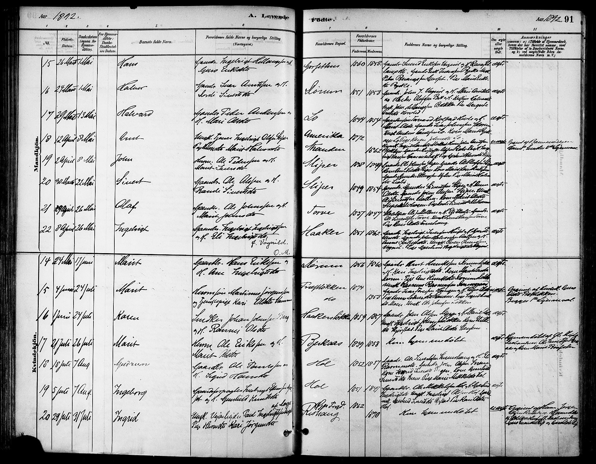 Ministerialprotokoller, klokkerbøker og fødselsregistre - Sør-Trøndelag, SAT/A-1456/678/L0901: Ministerialbok nr. 678A10, 1881-1894, s. 91