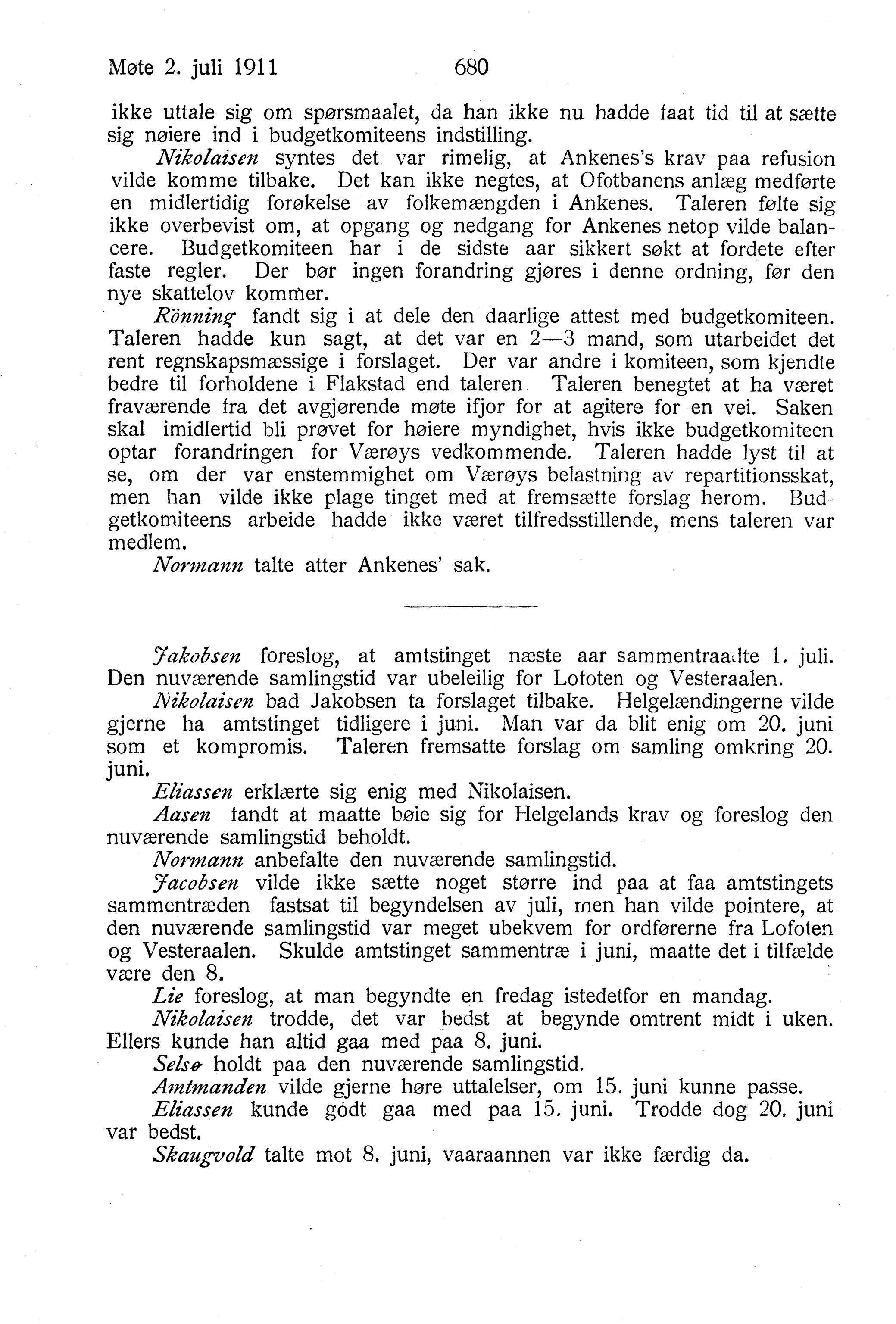 Nordland Fylkeskommune. Fylkestinget, AIN/NFK-17/176/A/Ac/L0034: Fylkestingsforhandlinger 1911, 1911