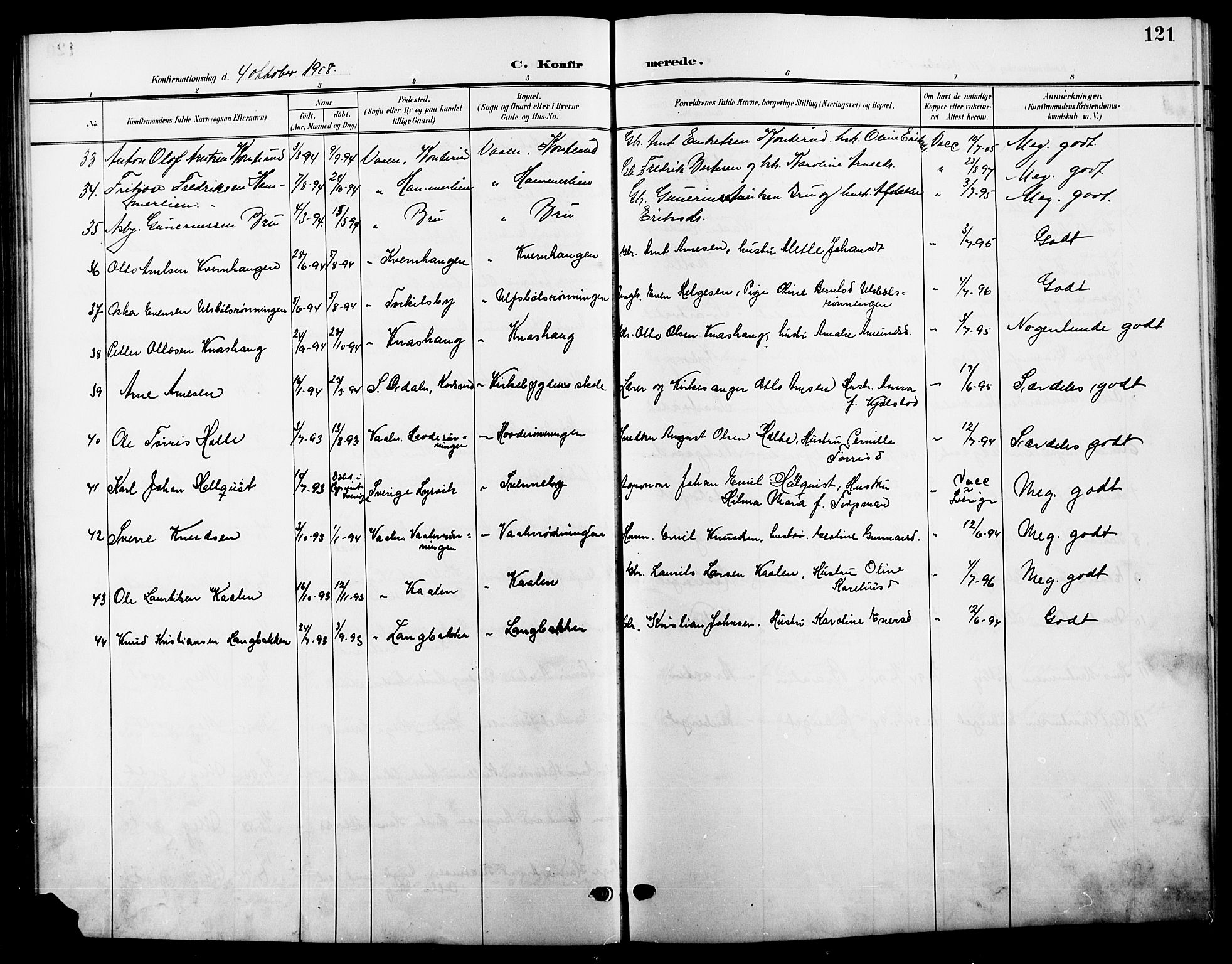 Våler prestekontor, Hedmark, AV/SAH-PREST-040/H/Ha/Hab/L0002: Klokkerbok nr. 2, 1905-1915, s. 121