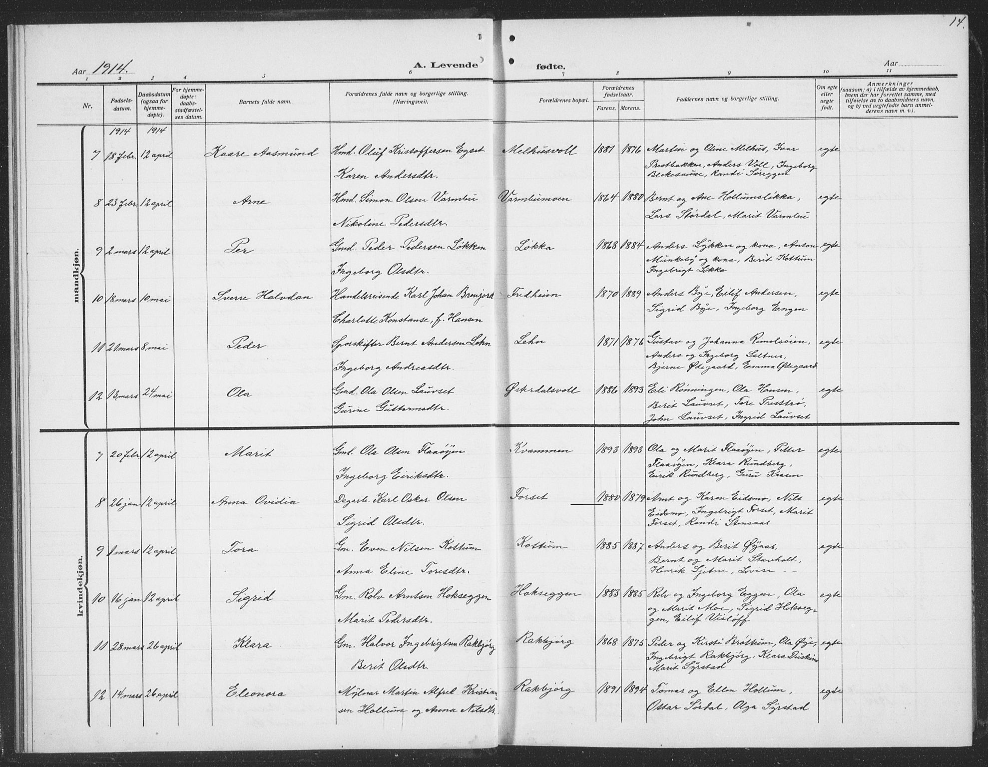 Ministerialprotokoller, klokkerbøker og fødselsregistre - Sør-Trøndelag, AV/SAT-A-1456/691/L1095: Klokkerbok nr. 691C06, 1912-1933, s. 14