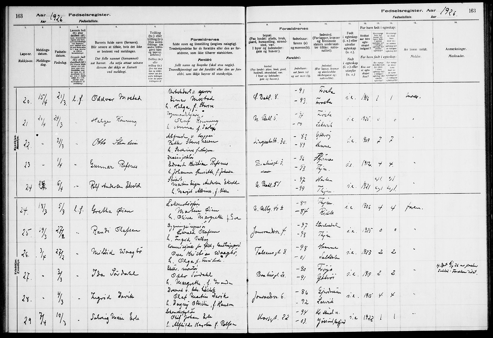 Ministerialprotokoller, klokkerbøker og fødselsregistre - Sør-Trøndelag, AV/SAT-A-1456/604/L0233: Fødselsregister nr. 604.II.4.2, 1920-1928, s. 163