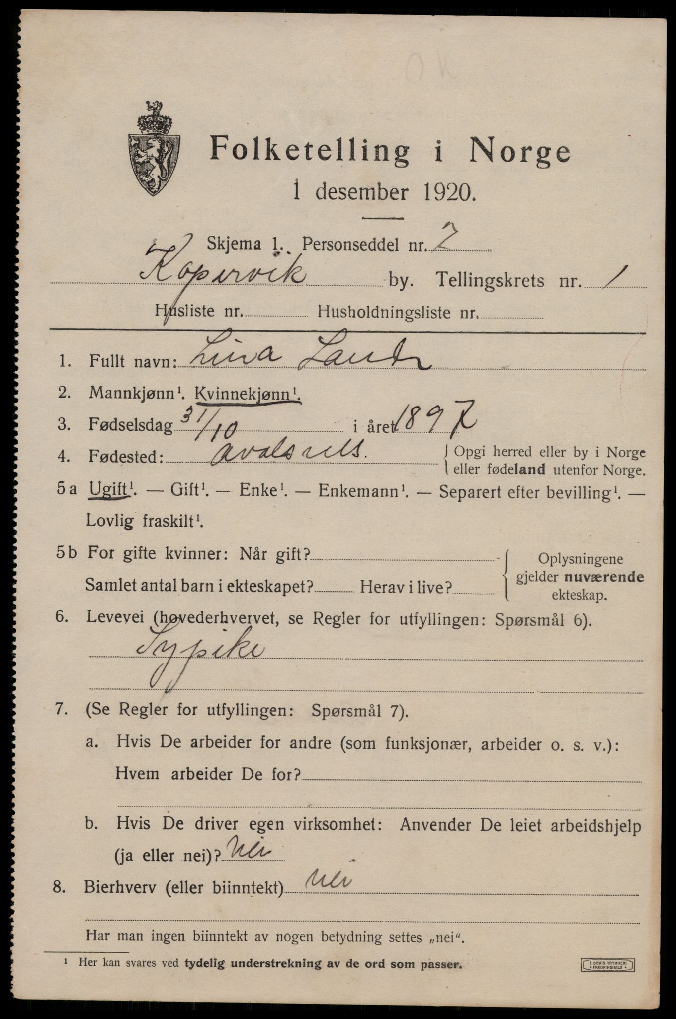 SAST, Folketelling 1920 for 1105 Kopervik ladested, 1920, s. 2662