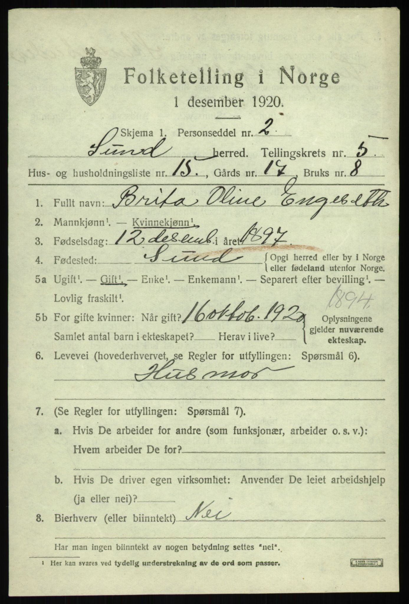 SAB, Folketelling 1920 for 1245 Sund herred, 1920, s. 3259
