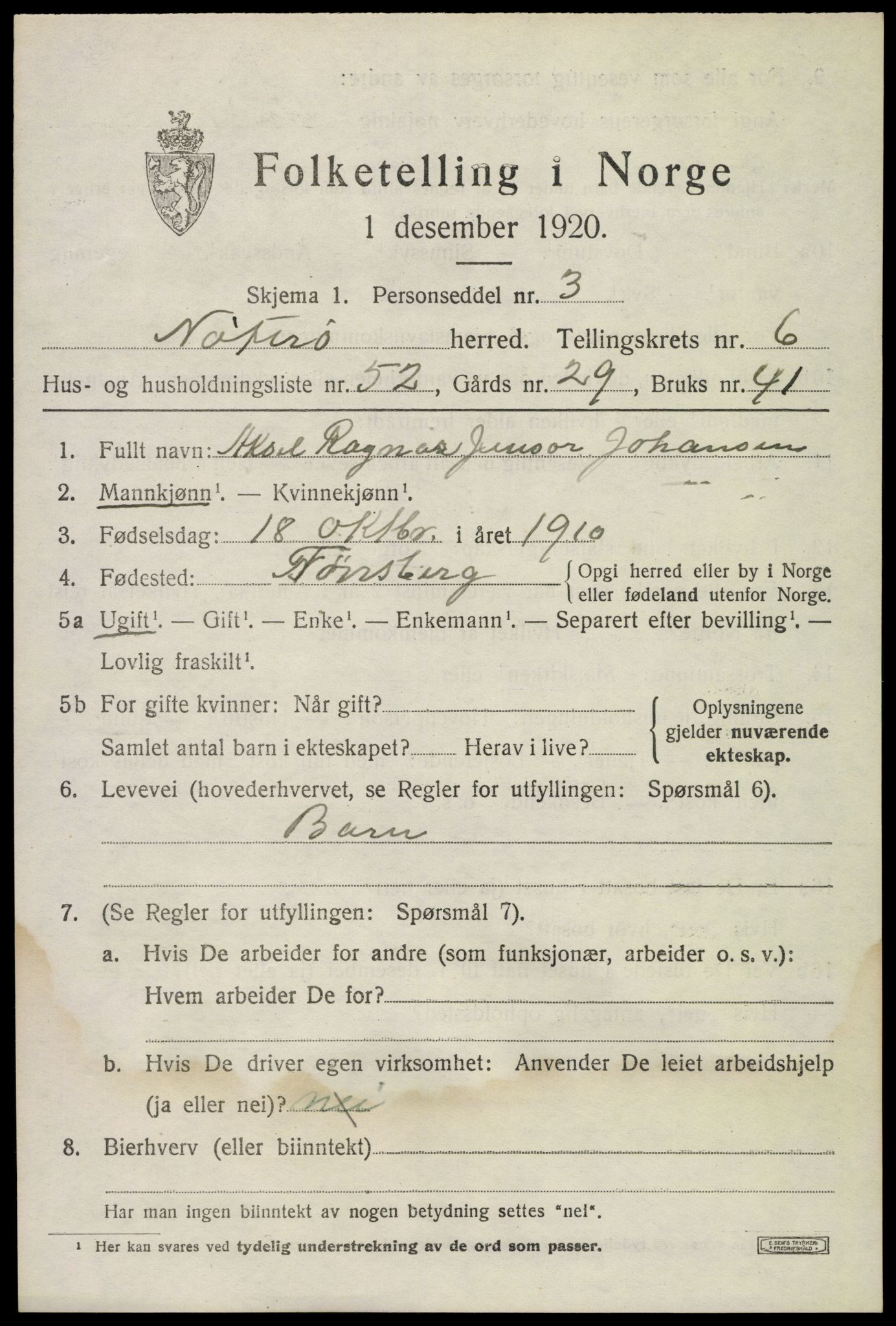 SAKO, Folketelling 1920 for 0722 Nøtterøy herred, 1920, s. 8847