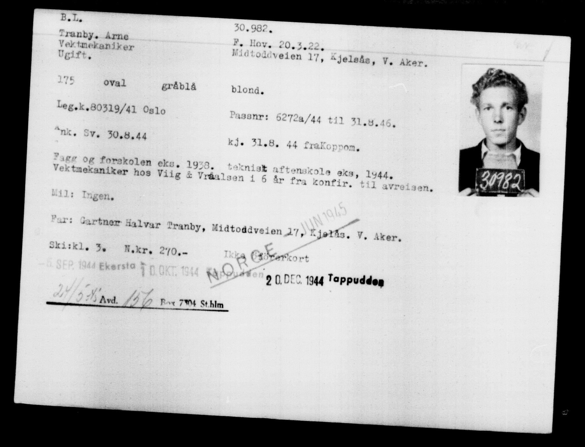 Utenriksstasjonene, Legasjonen i Stockholm, Flyktningkontoret, AV/RA-S-6753/V/Va/L0012: Kjesäterkartoteket, flyktninger med registreringsnr. 28300-31566, 1940-1945, s. 2912