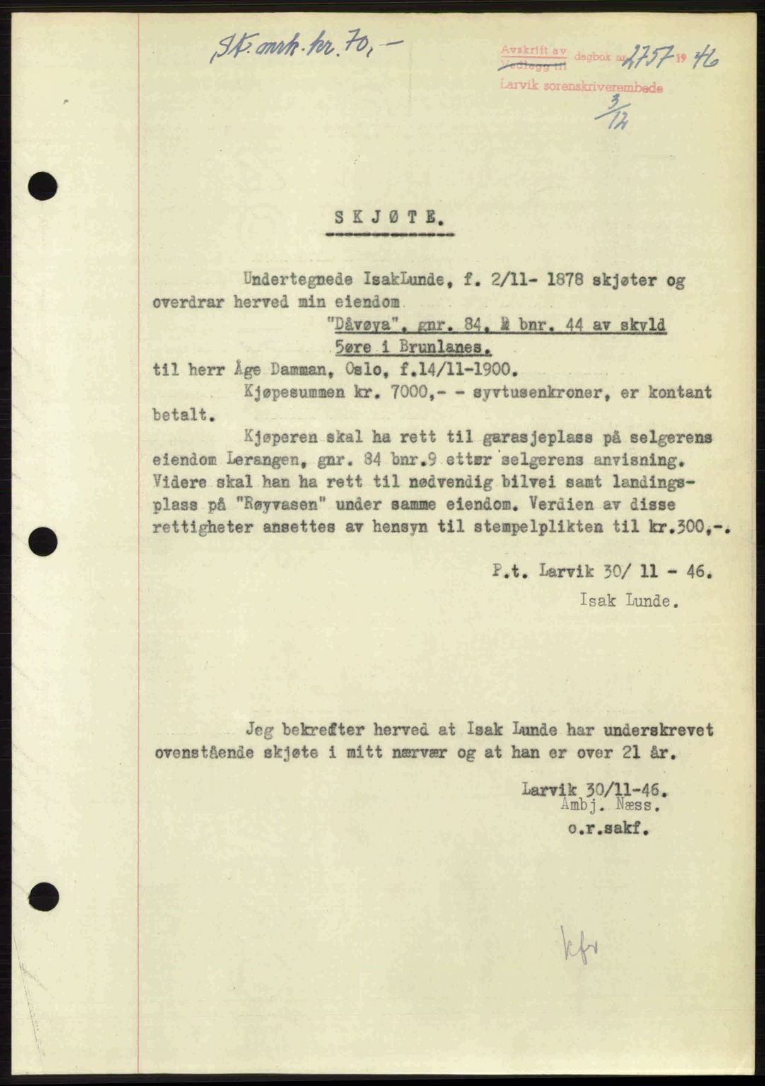 Larvik sorenskriveri, SAKO/A-83/G/Ga/Gab/L0083: Pantebok nr. A-17, 1946-1947, Dagboknr: 2757/1946