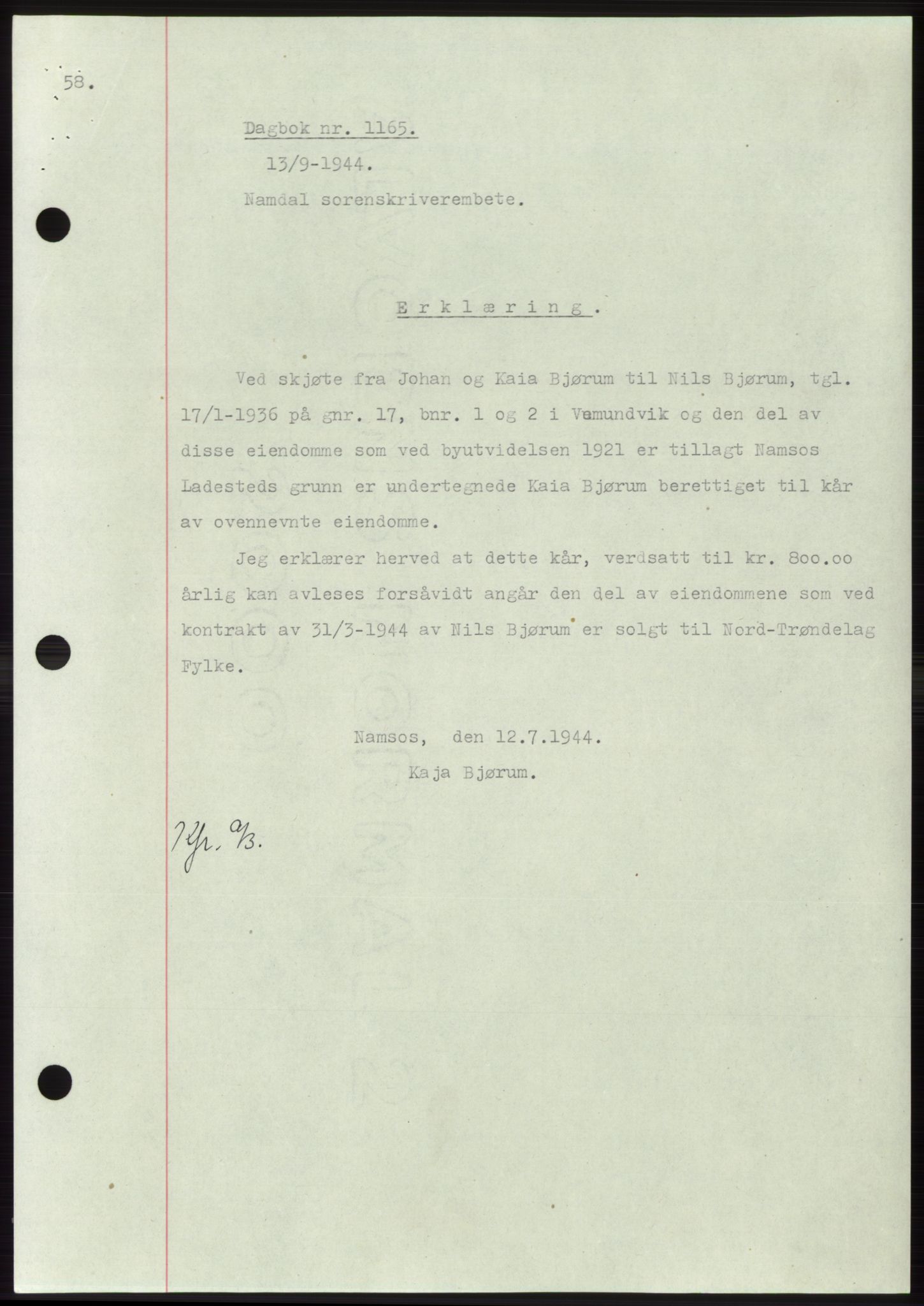 Namdal sorenskriveri, SAT/A-4133/1/2/2C: Pantebok nr. -, 1944-1945, Dagboknr: 1165/1944