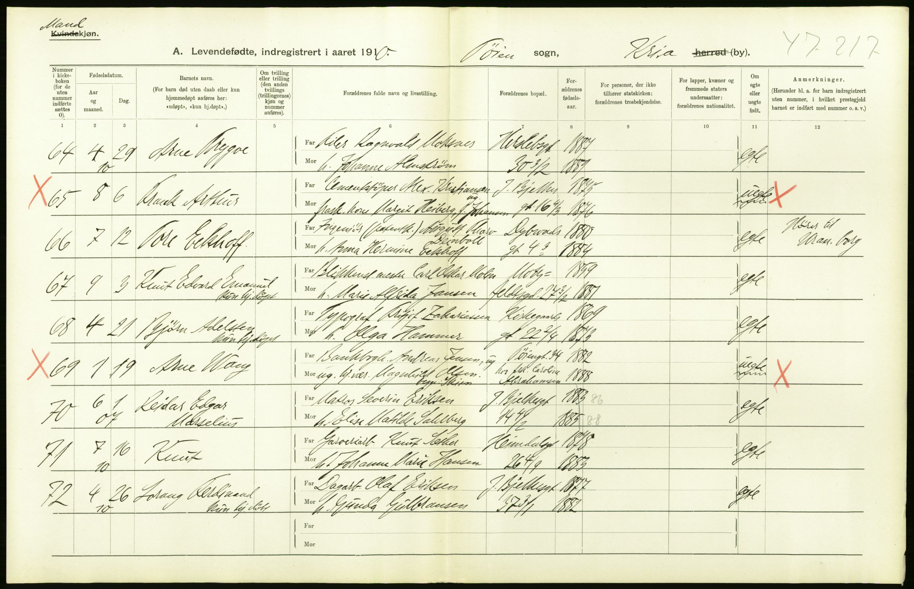 Statistisk sentralbyrå, Sosiodemografiske emner, Befolkning, AV/RA-S-2228/D/Df/Dfa/Dfah/L0006: Kristiania: Levendefødte menn., 1910, s. 10
