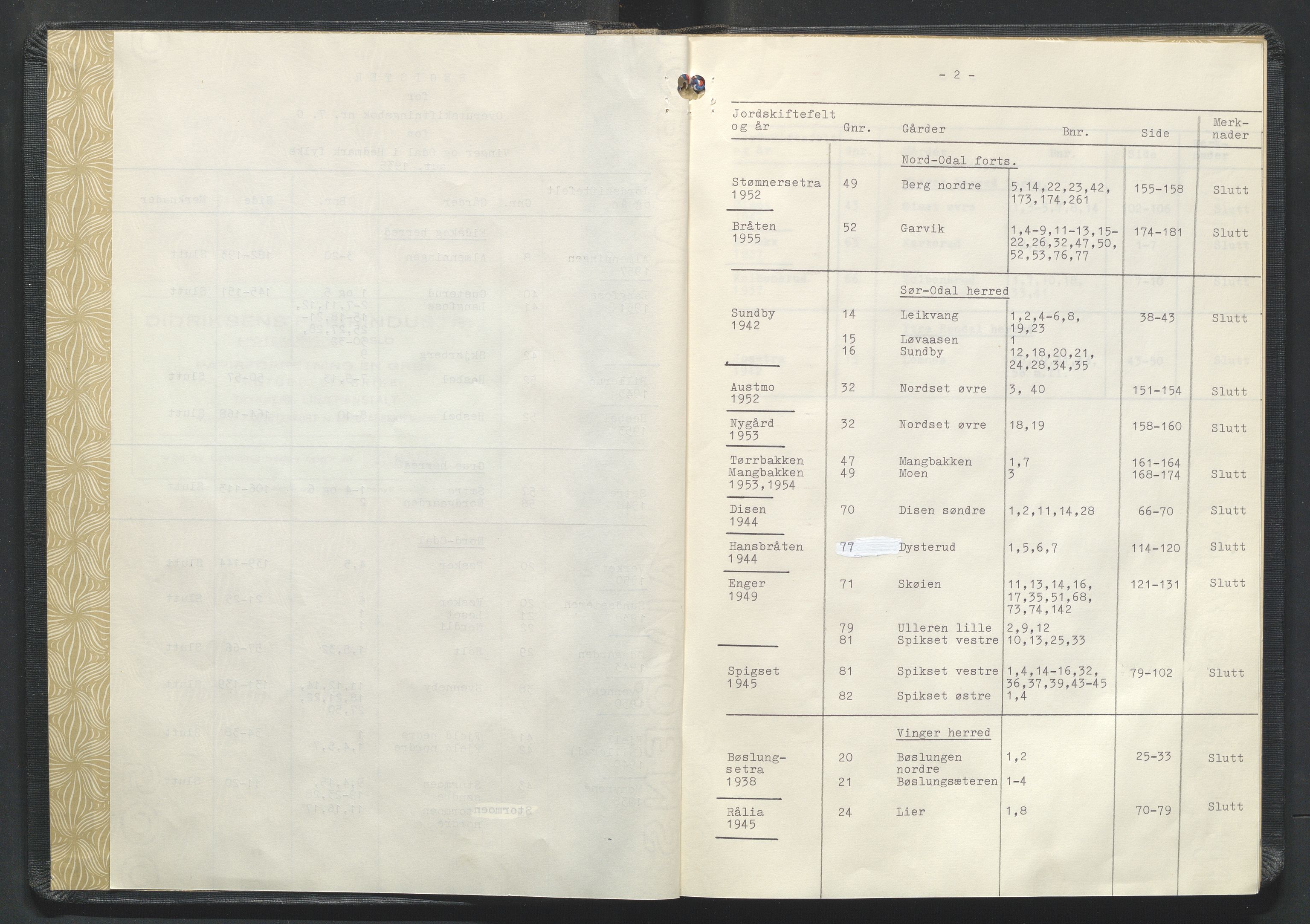 Glåmdal jordskifterett, AV/SAH-JORDSKIFTEH-003/G/Ga/L0004/0001: Rettsbøker / Rettsbok, overutskiftninger - nr. G7, 1937-1957