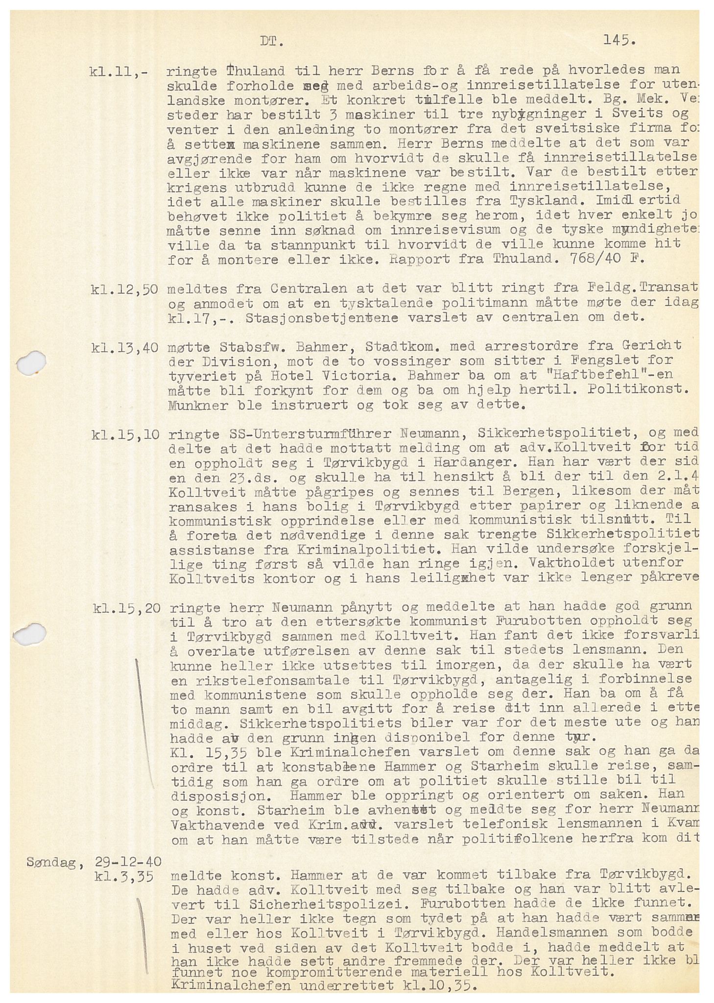 Bergen politikammer / politidistrikt, SAB/A-60401/Y/Ye/L0001: Avskrift av krigsdagbok av Dankert Thuland, 1940-1941, s. 145