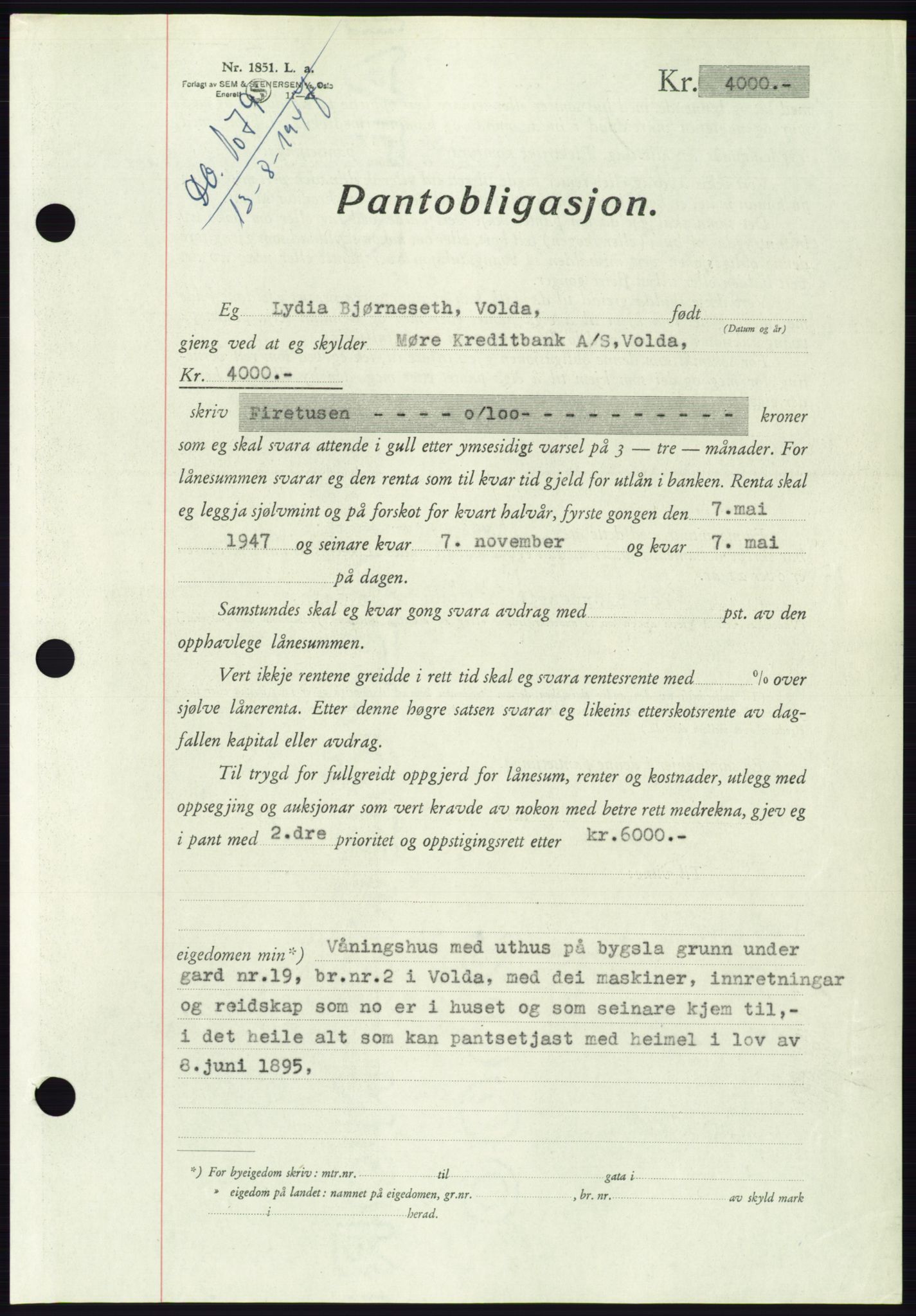 Søre Sunnmøre sorenskriveri, AV/SAT-A-4122/1/2/2C/L0115: Pantebok nr. 3B, 1947-1948, Dagboknr: 1079/1947