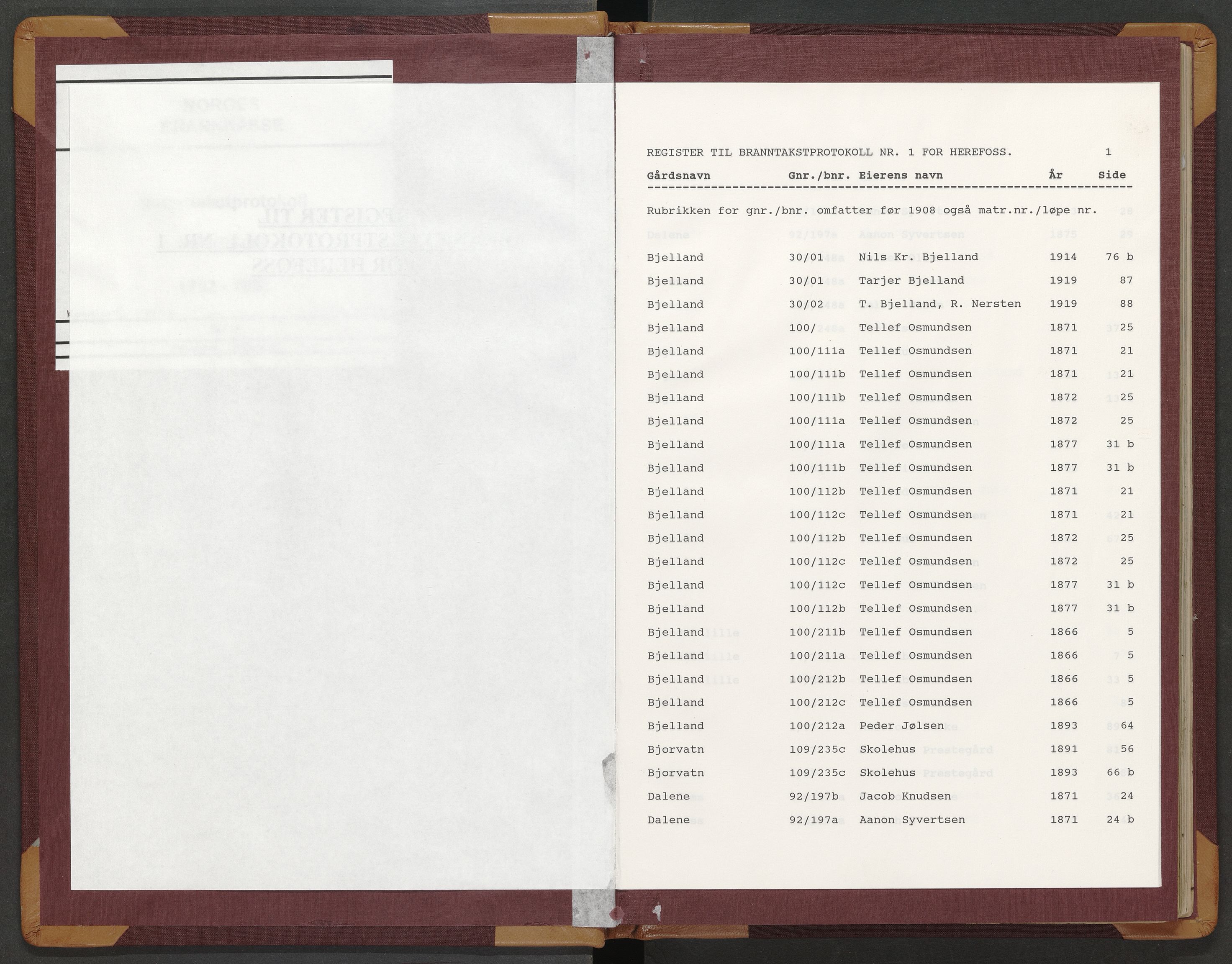 Norges Brannkasse Herefoss, AV/SAK-2241-0022/F/Fa/L0001: Branntakstprotokoll nr. 1 med gårdsnavnregister, 1852-1923