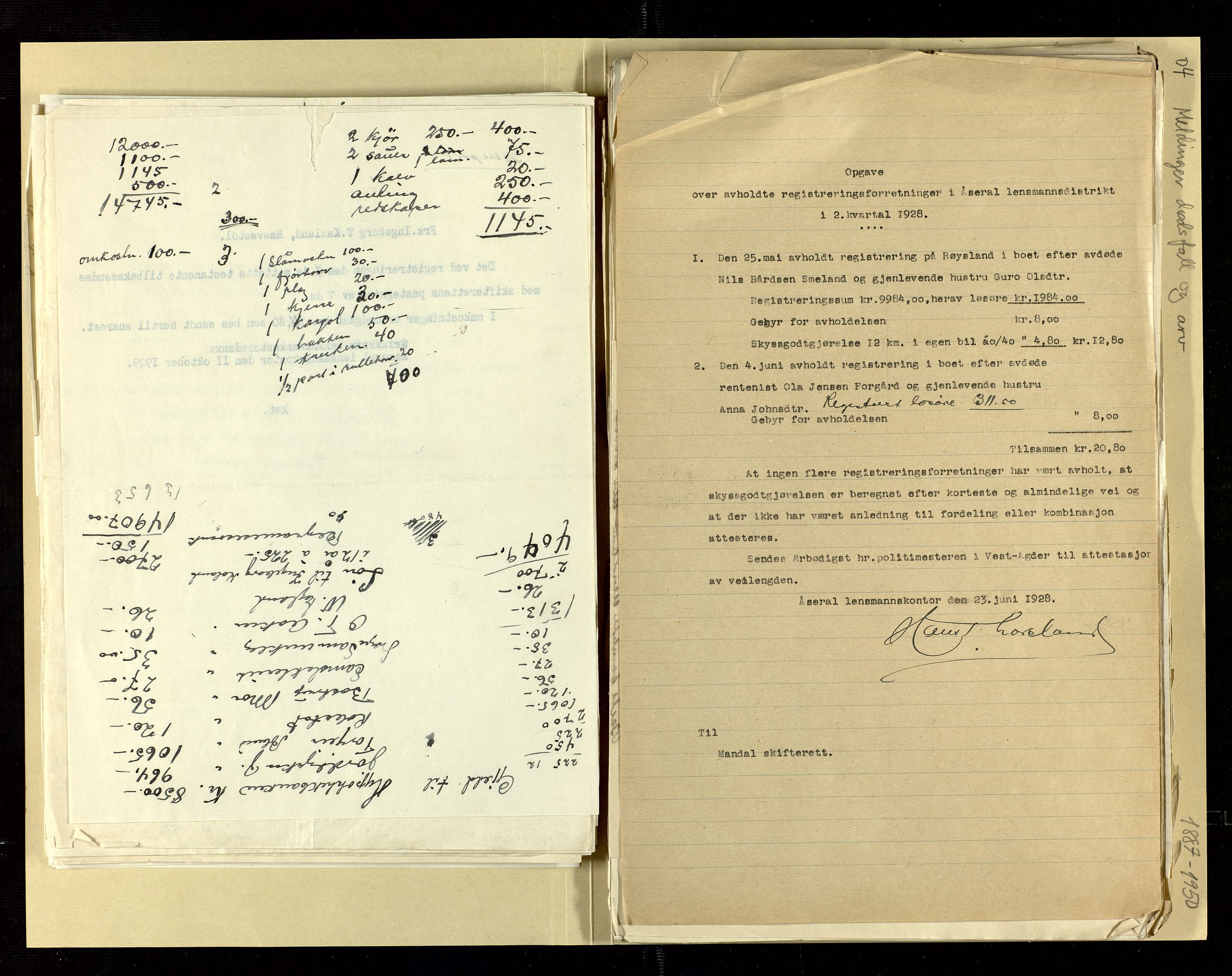 Åseral lensmannskontor, AV/SAK-1241-0055/F/Fe/L0001/0004: Dødsfallsprotokoller / Meldinger om dødsfall og arv, 1887-1950