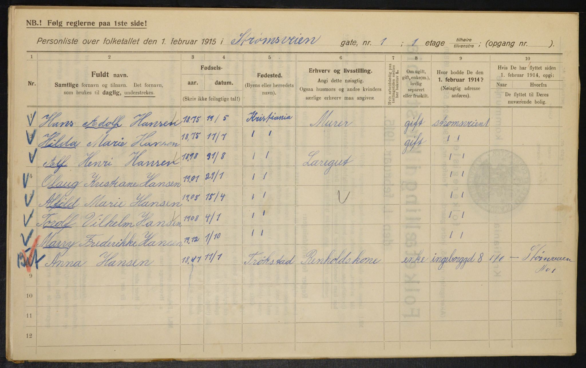 OBA, Kommunal folketelling 1.2.1915 for Kristiania, 1915, s. 104131