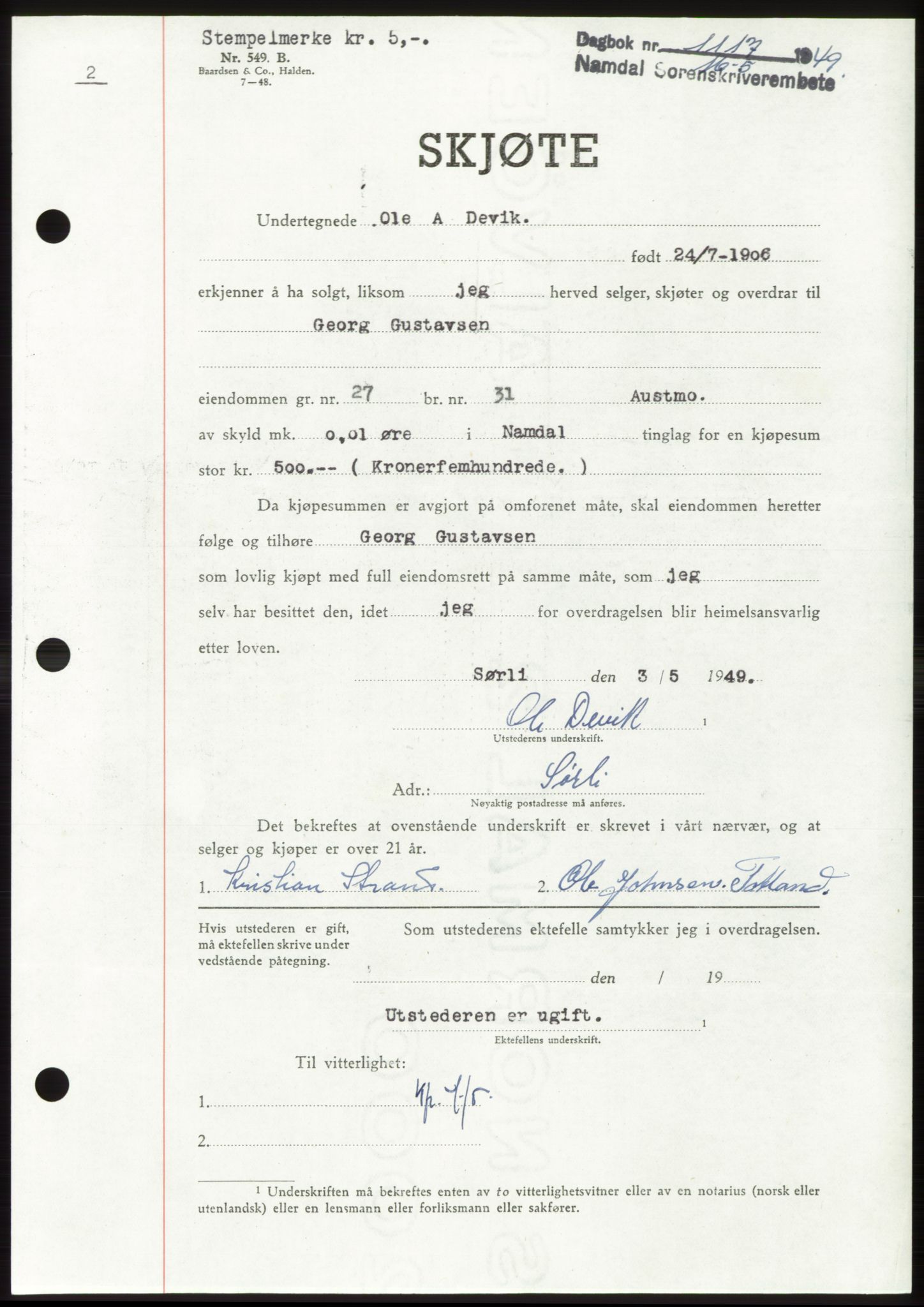 Namdal sorenskriveri, SAT/A-4133/1/2/2C: Pantebok nr. -, 1949-1949, Dagboknr: 1117/1949