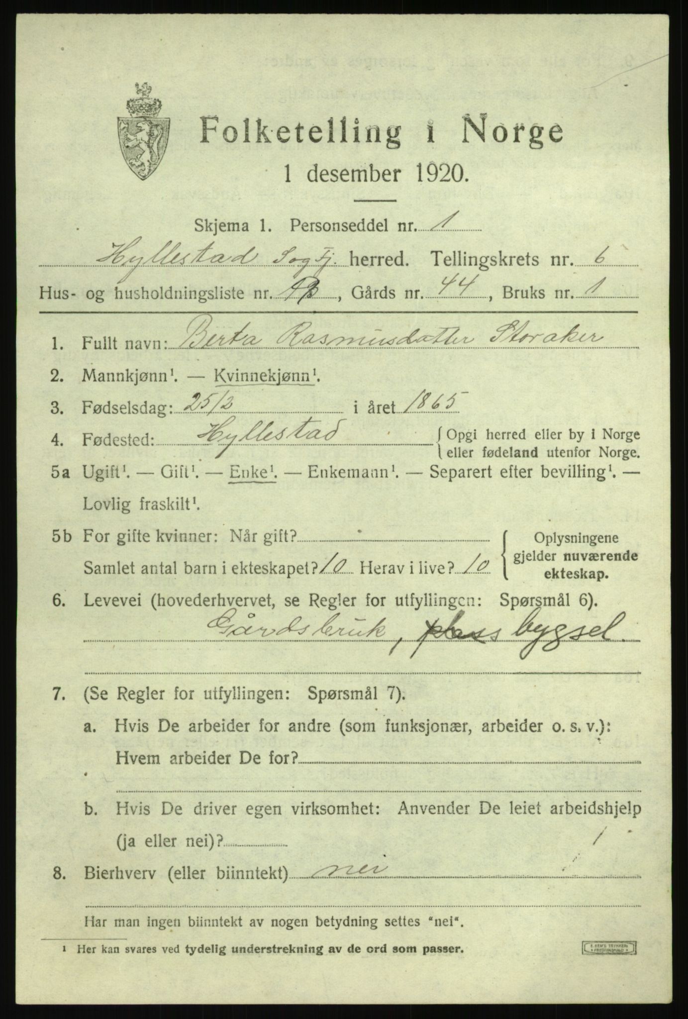SAB, Folketelling 1920 for 1413 Hyllestad herred, 1920, s. 2770