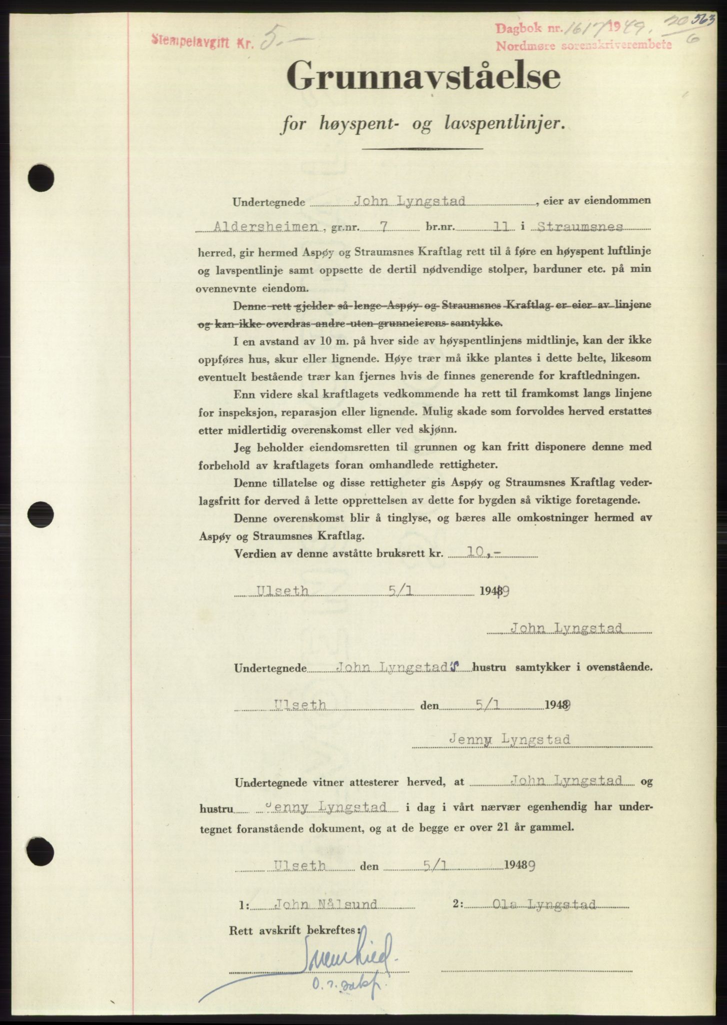 Nordmøre sorenskriveri, SAT/A-4132/1/2/2Ca: Pantebok nr. B101, 1949-1949, Dagboknr: 1617/1949