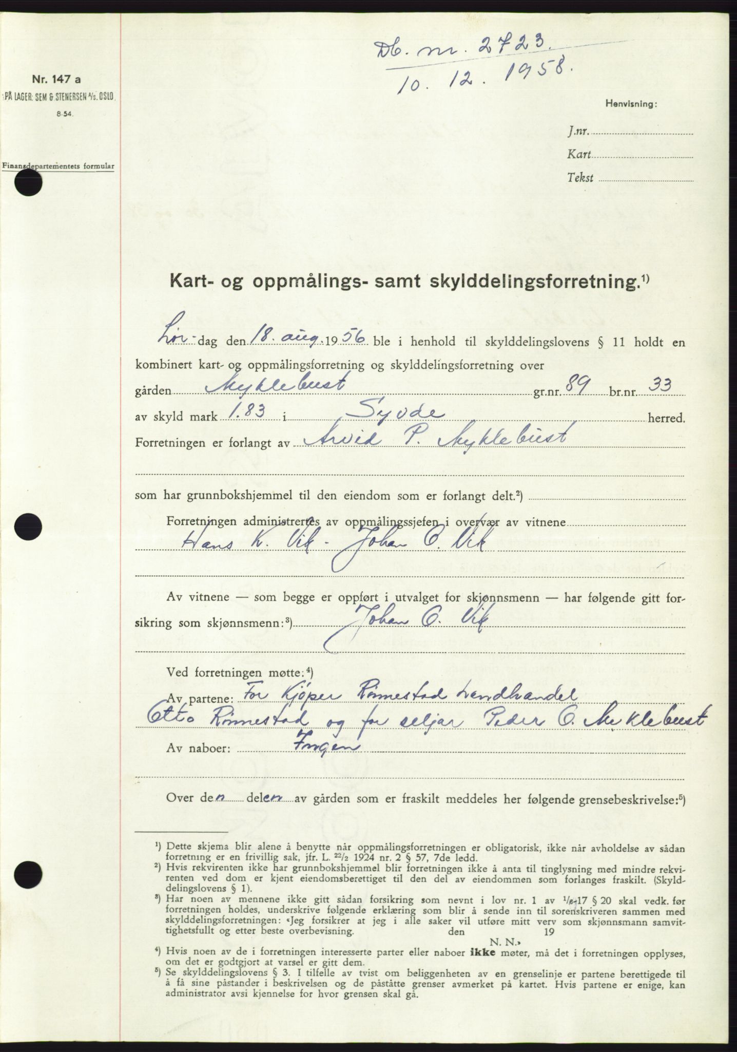 Søre Sunnmøre sorenskriveri, SAT/A-4122/1/2/2C/L0111: Pantebok nr. 37A, 1958-1959, Dagboknr: 2723/1958