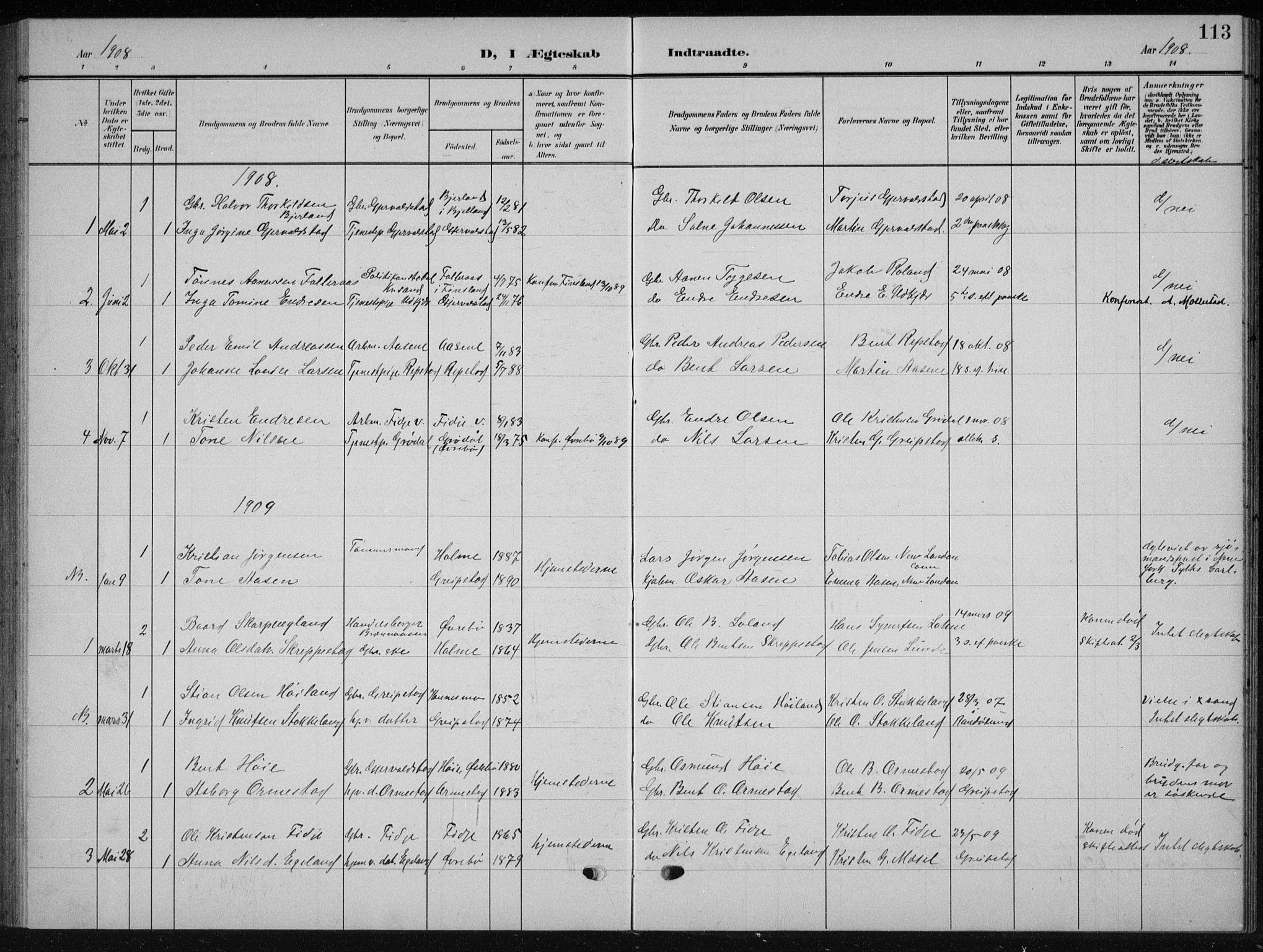 Søgne sokneprestkontor, AV/SAK-1111-0037/F/Fb/Fba/L0005: Klokkerbok nr. B 5, 1904-1936, s. 113