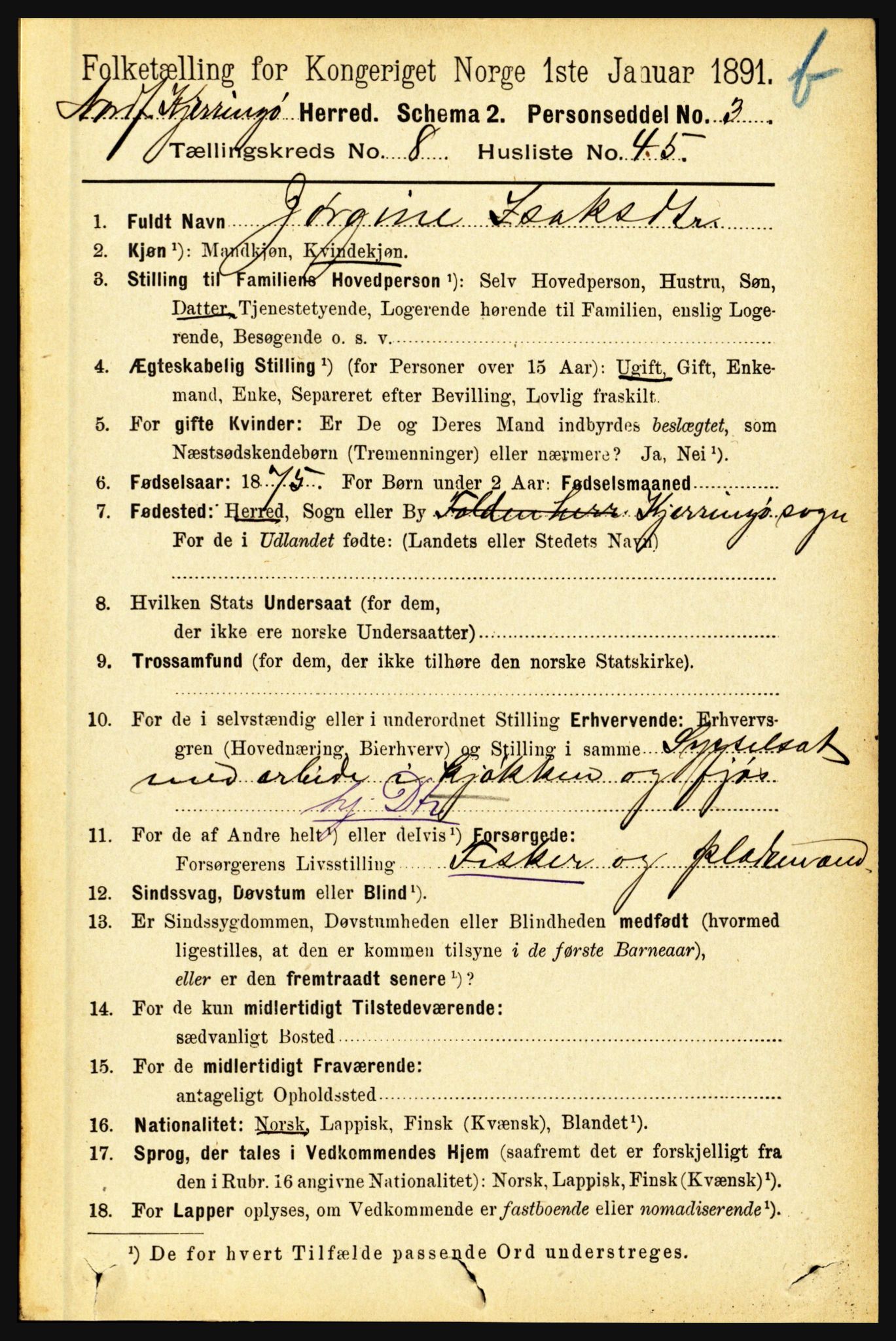 RA, Folketelling 1891 for 1846 Nordfold-Kjerringøy herred, 1891, s. 2209