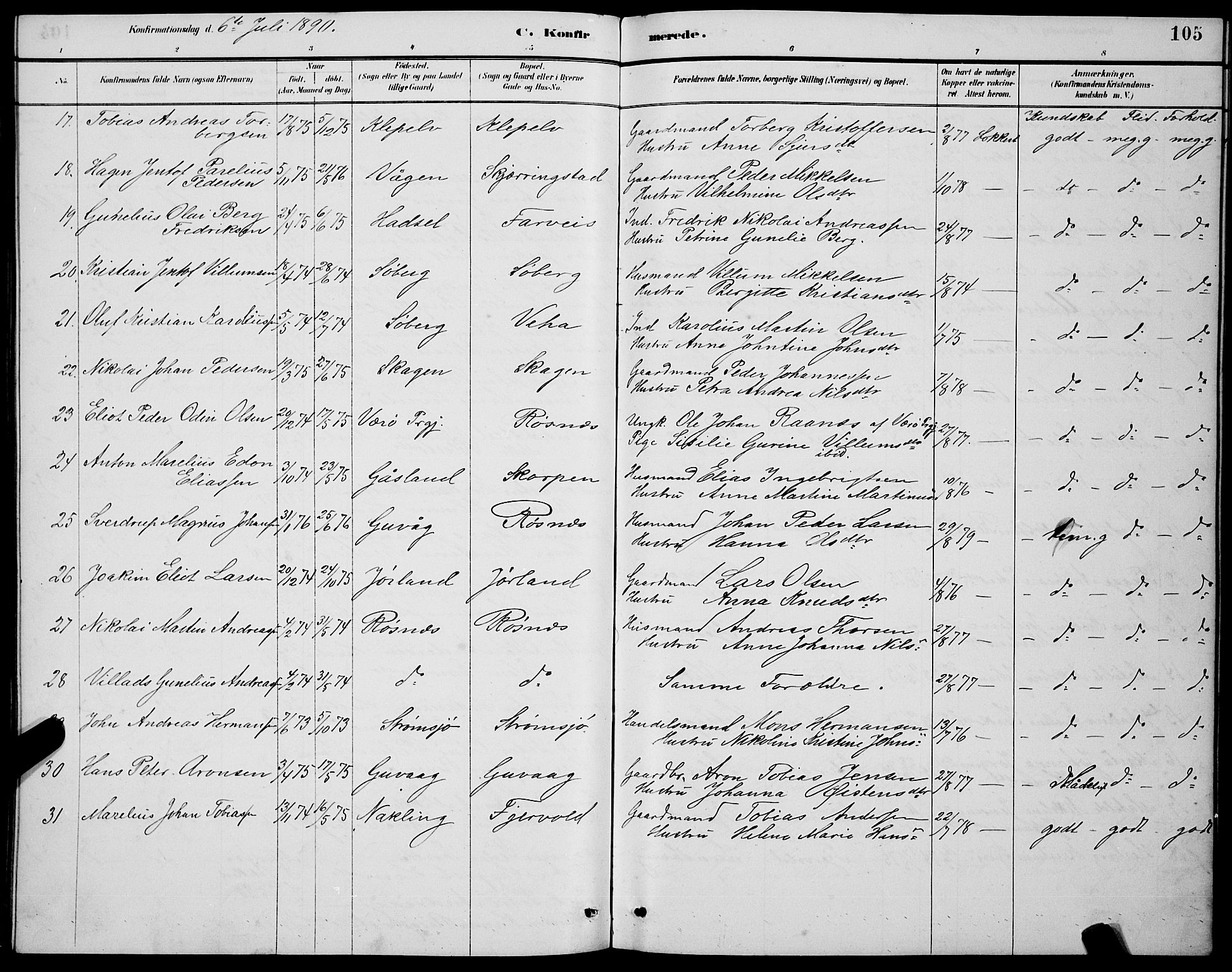 Ministerialprotokoller, klokkerbøker og fødselsregistre - Nordland, AV/SAT-A-1459/891/L1315: Klokkerbok nr. 891C04, 1886-1893, s. 105