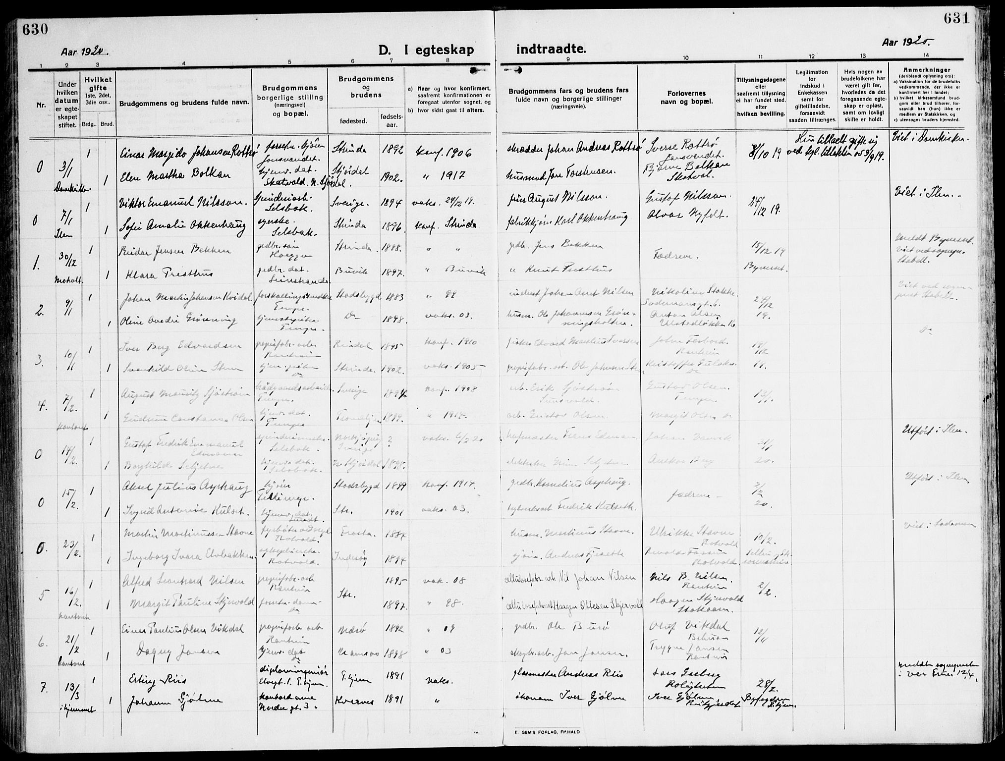 Ministerialprotokoller, klokkerbøker og fødselsregistre - Sør-Trøndelag, SAT/A-1456/607/L0321: Ministerialbok nr. 607A05, 1916-1935, s. 630-631