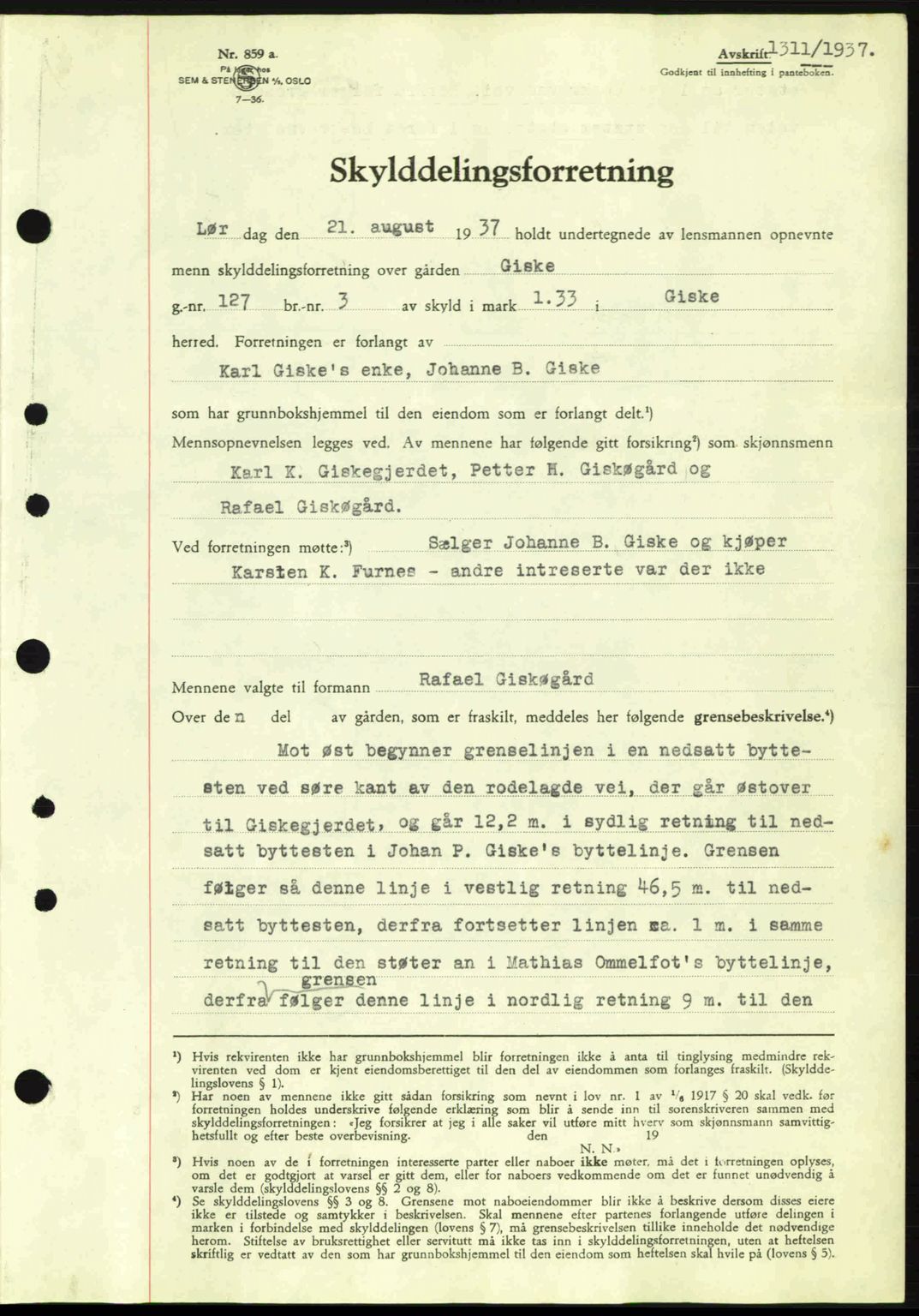 Nordre Sunnmøre sorenskriveri, SAT/A-0006/1/2/2C/2Ca: Pantebok nr. A3, 1937-1937, Dagboknr: 1311/1937