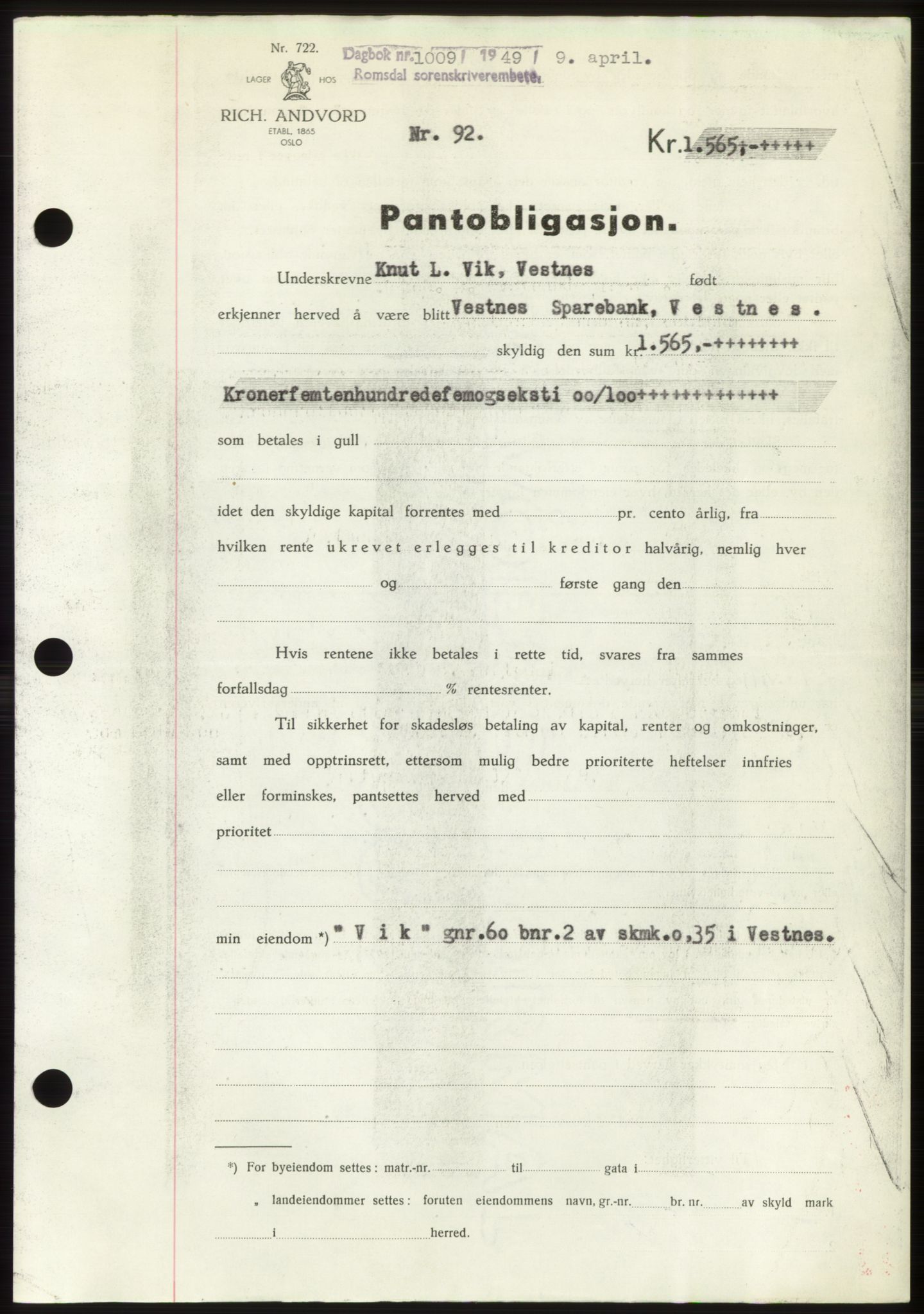 Romsdal sorenskriveri, SAT/A-4149/1/2/2C: Pantebok nr. B4, 1948-1949, Dagboknr: 1009/1949