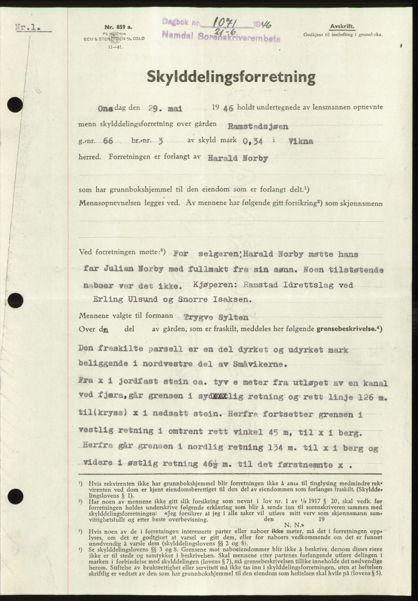 Namdal sorenskriveri, SAT/A-4133/1/2/2C: Pantebok nr. -, 1946-1946, Dagboknr: 1071/1946