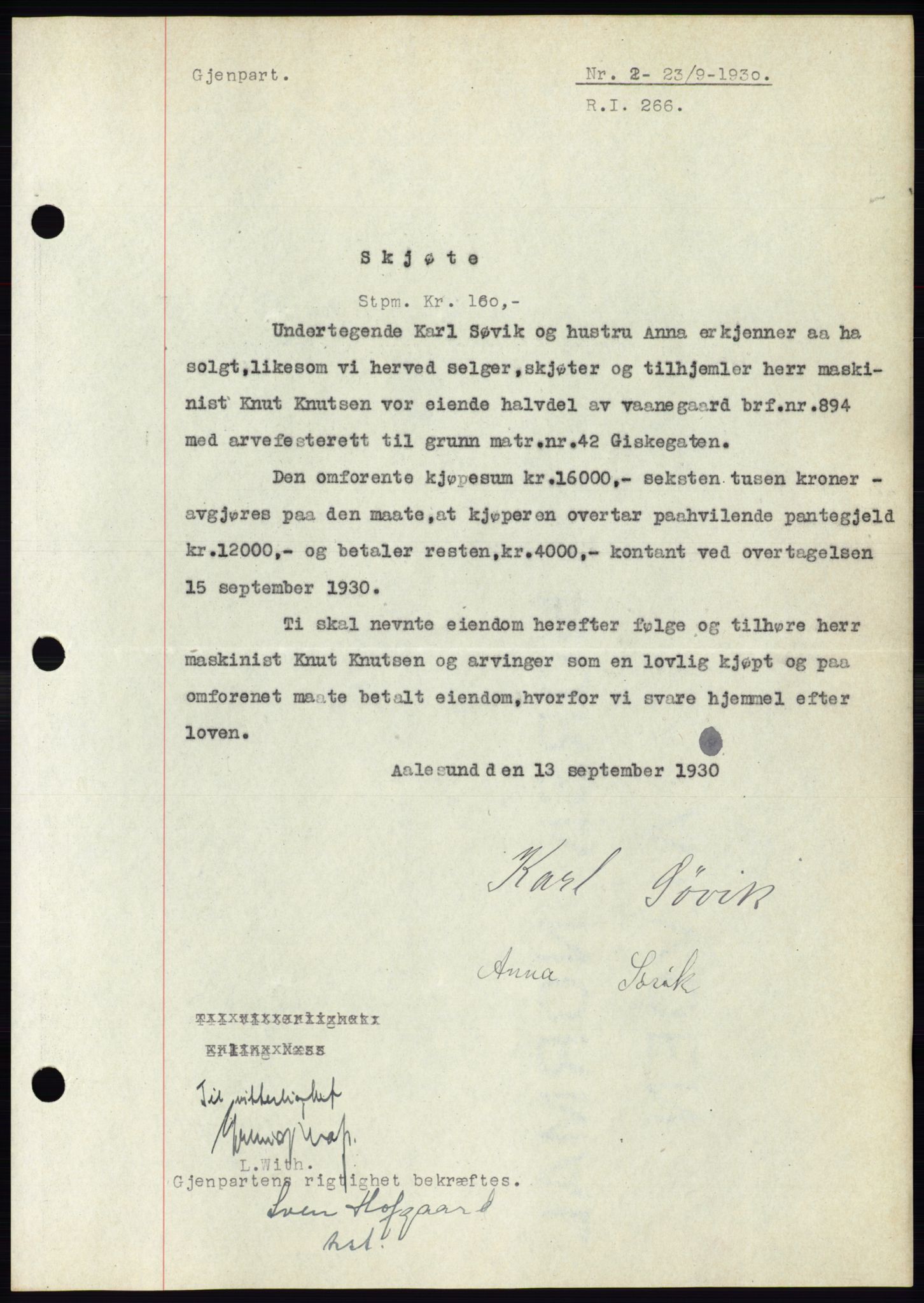 Ålesund byfogd, SAT/A-4384: Pantebok nr. 26, 1930-1930, Tingl.dato: 23.09.1930