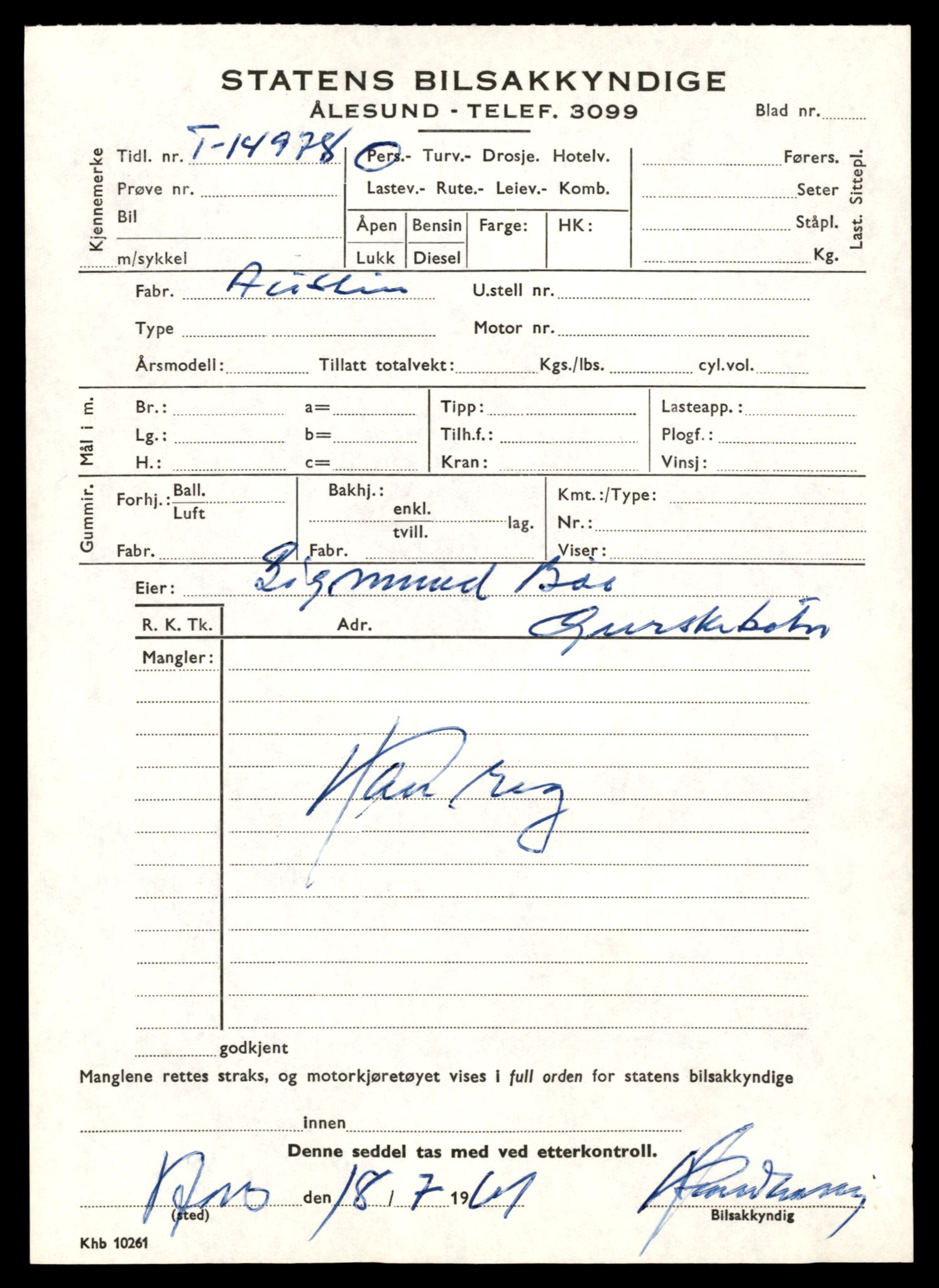 Møre og Romsdal vegkontor - Ålesund trafikkstasjon, AV/SAT-A-4099/F/Fe/L0049: Registreringskort for kjøretøy T 14864 - T 18613, 1927-1998, s. 2709