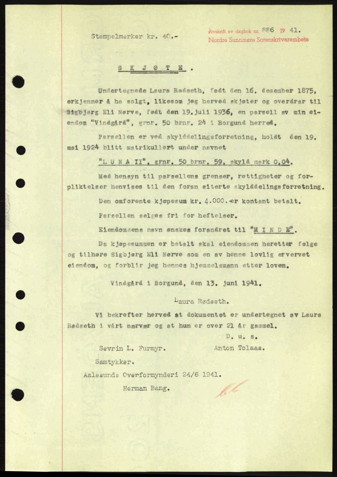 Nordre Sunnmøre sorenskriveri, SAT/A-0006/1/2/2C/2Ca: Pantebok nr. A11, 1941-1941, Dagboknr: 886/1941