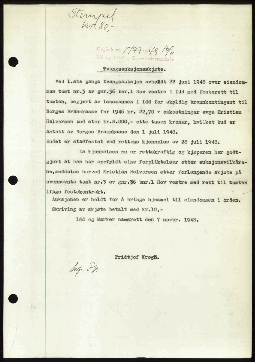 Idd og Marker sorenskriveri, SAO/A-10283/G/Gb/Gbb/L0011: Pantebok nr. A11, 1948-1949, Dagboknr: 1799/1948