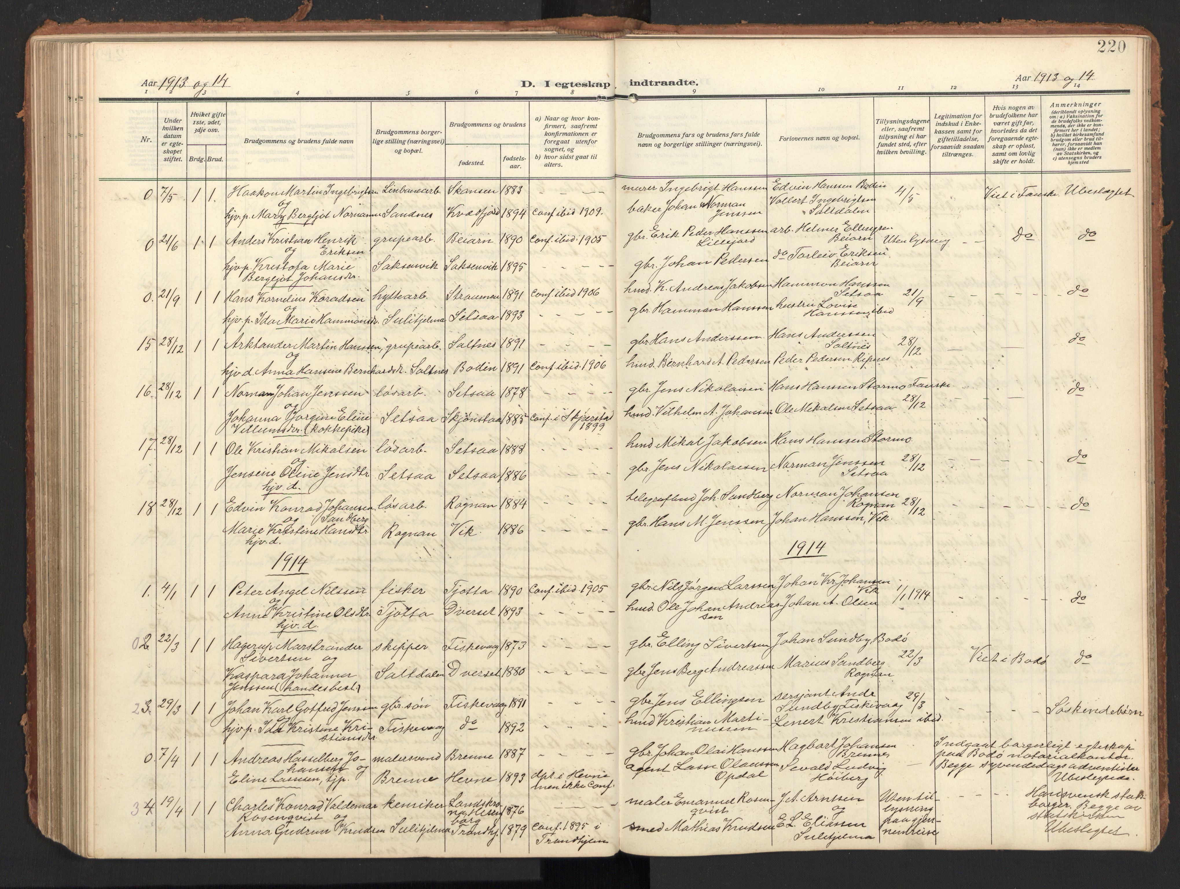 Ministerialprotokoller, klokkerbøker og fødselsregistre - Nordland, AV/SAT-A-1459/847/L0683: Klokkerbok nr. 847C11, 1908-1929, s. 220