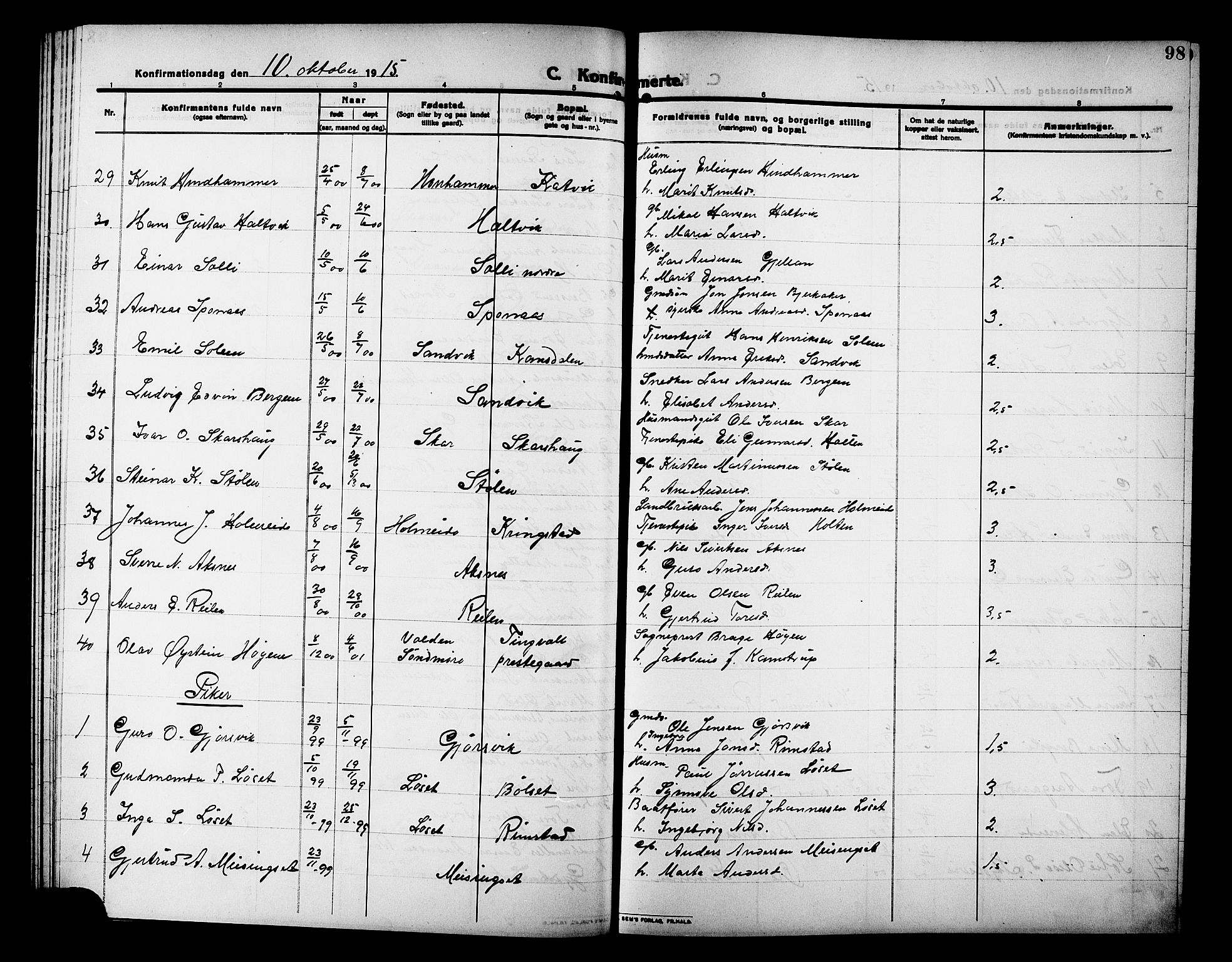 Ministerialprotokoller, klokkerbøker og fødselsregistre - Møre og Romsdal, AV/SAT-A-1454/586/L0993: Klokkerbok nr. 586C04, 1910-1918, s. 98