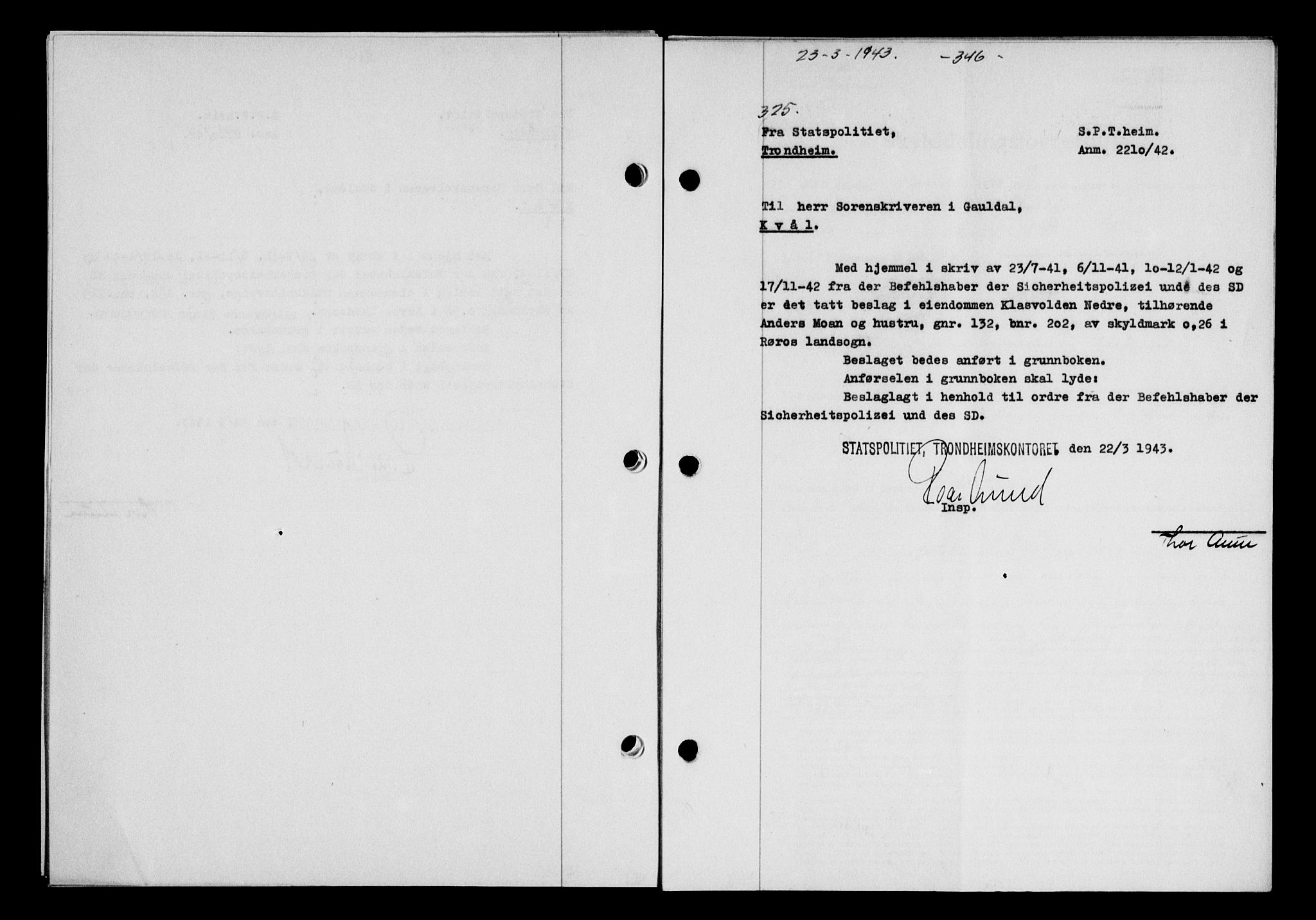 Gauldal sorenskriveri, SAT/A-0014/1/2/2C/L0056: Pantebok nr. 61, 1942-1943, Dagboknr: 325/1943