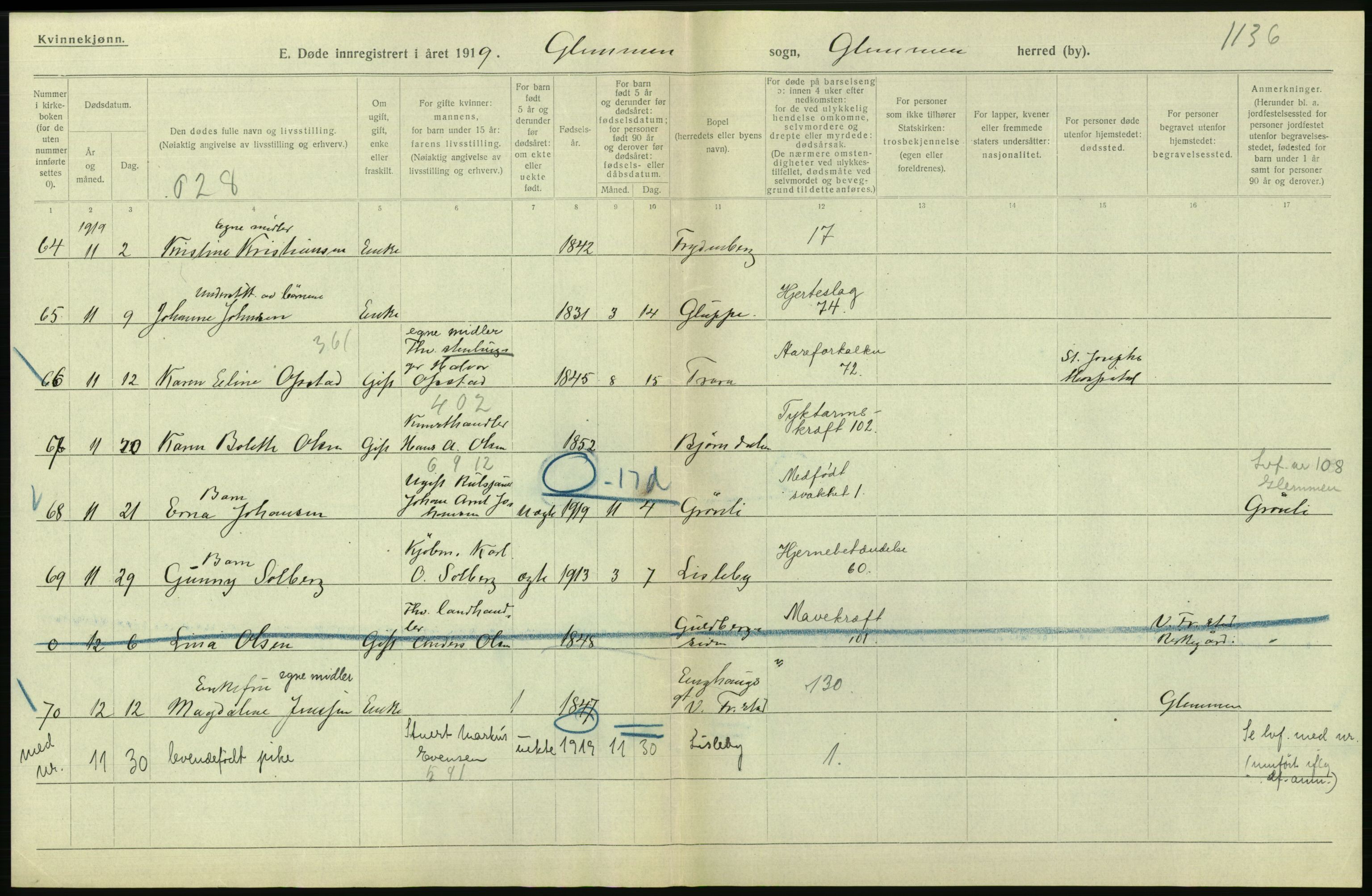 Statistisk sentralbyrå, Sosiodemografiske emner, Befolkning, AV/RA-S-2228/D/Df/Dfb/Dfbi/L0003: Østfold fylke: Døde. Bygder og byer., 1919