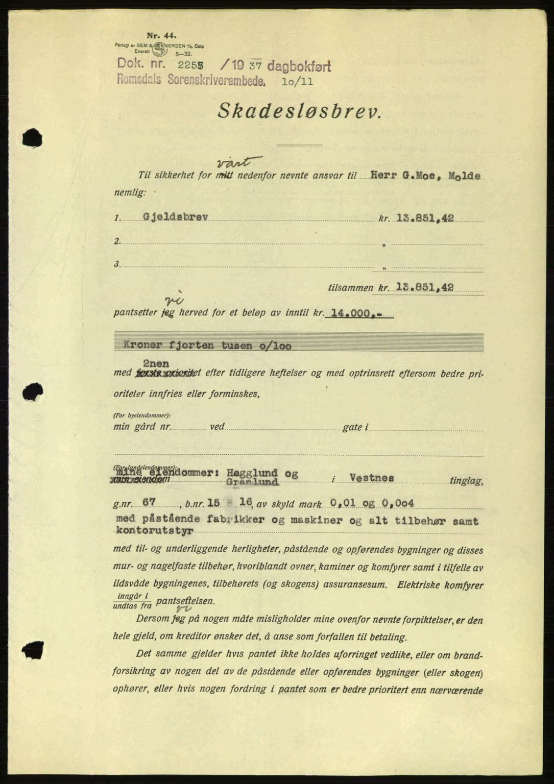 Romsdal sorenskriveri, SAT/A-4149/1/2/2C: Pantebok nr. B1, 1936-1939, Dagboknr: 2253/1937