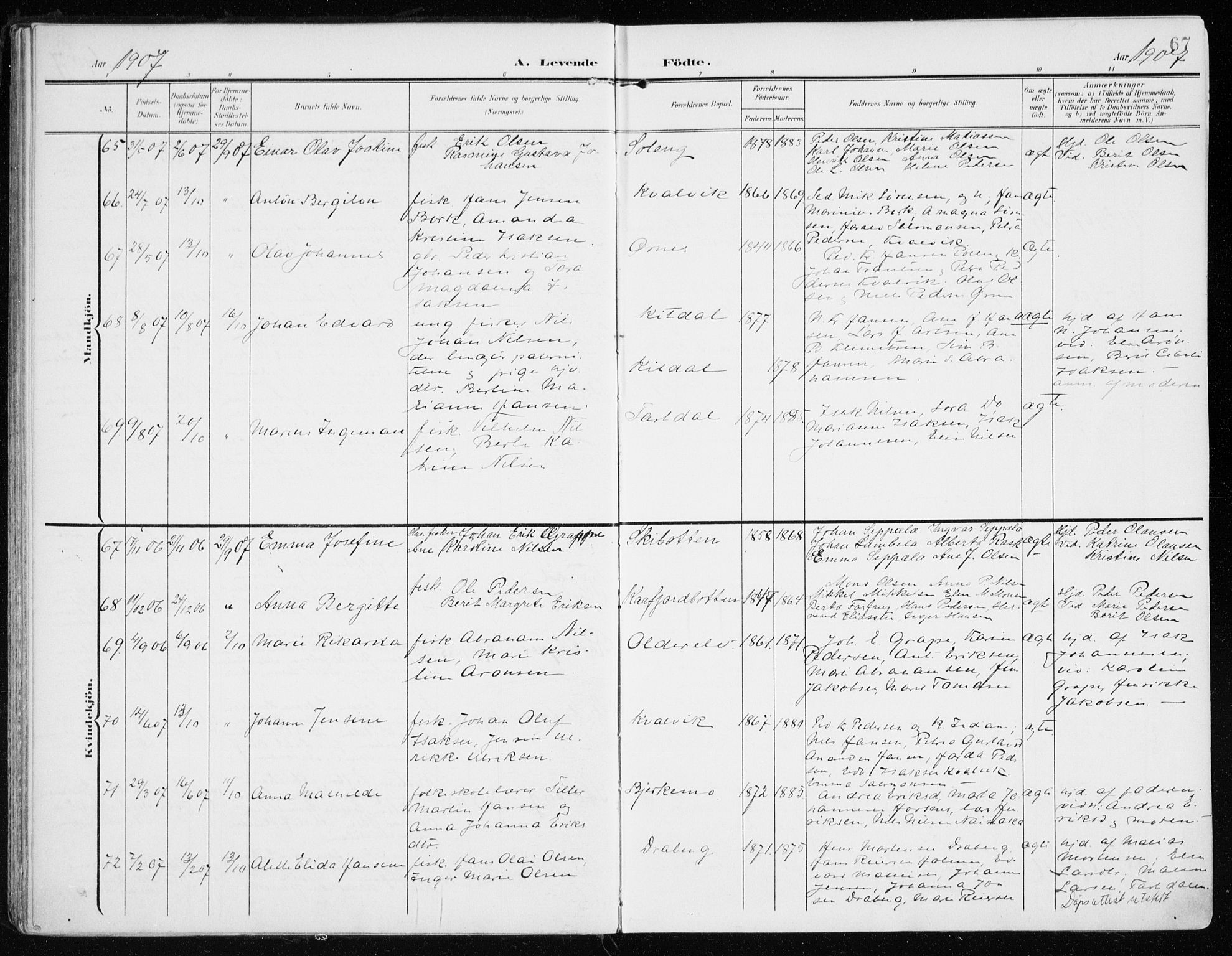 Lyngen sokneprestembete, AV/SATØ-S-1289/H/He/Hea/L0011kirke: Ministerialbok nr. 11, 1903-1913, s. 67