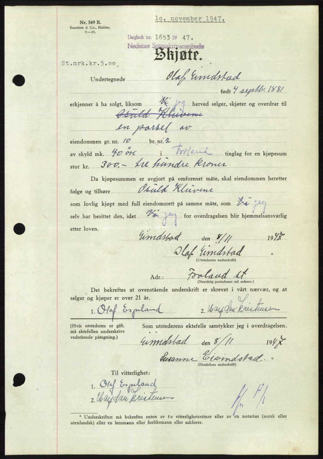 Nedenes sorenskriveri, AV/SAK-1221-0006/G/Gb/Gba/L0058: Pantebok nr. A10, 1947-1948, Dagboknr: 1653/1947