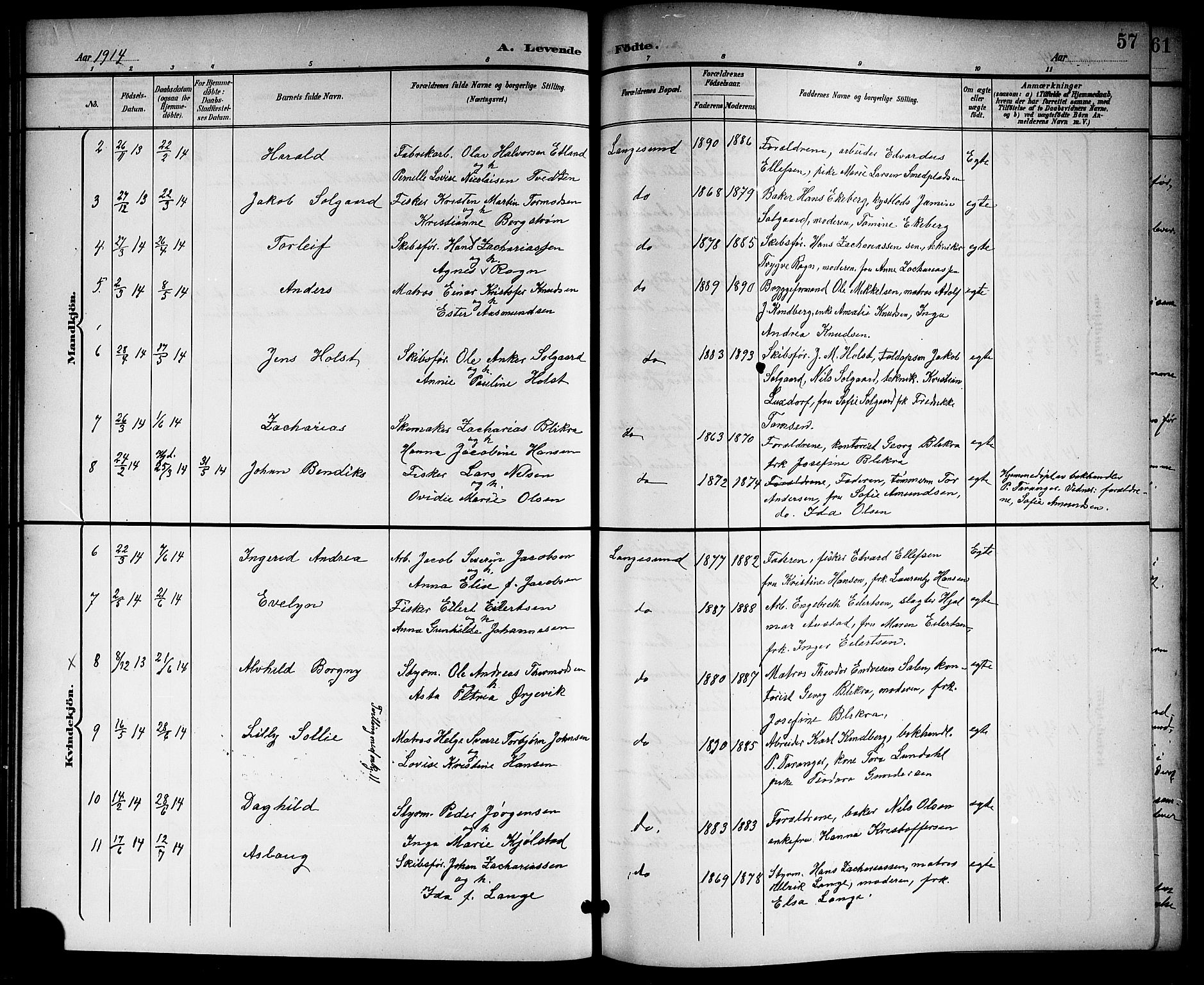 Langesund kirkebøker, AV/SAKO-A-280/G/Ga/L0006: Klokkerbok nr. 6, 1899-1918, s. 57