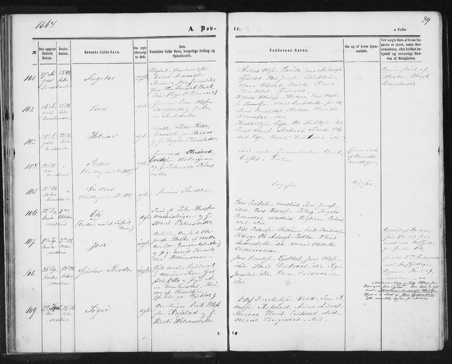 Ministerialprotokoller, klokkerbøker og fødselsregistre - Sør-Trøndelag, AV/SAT-A-1456/691/L1077: Ministerialbok nr. 691A09, 1862-1873, s. 39