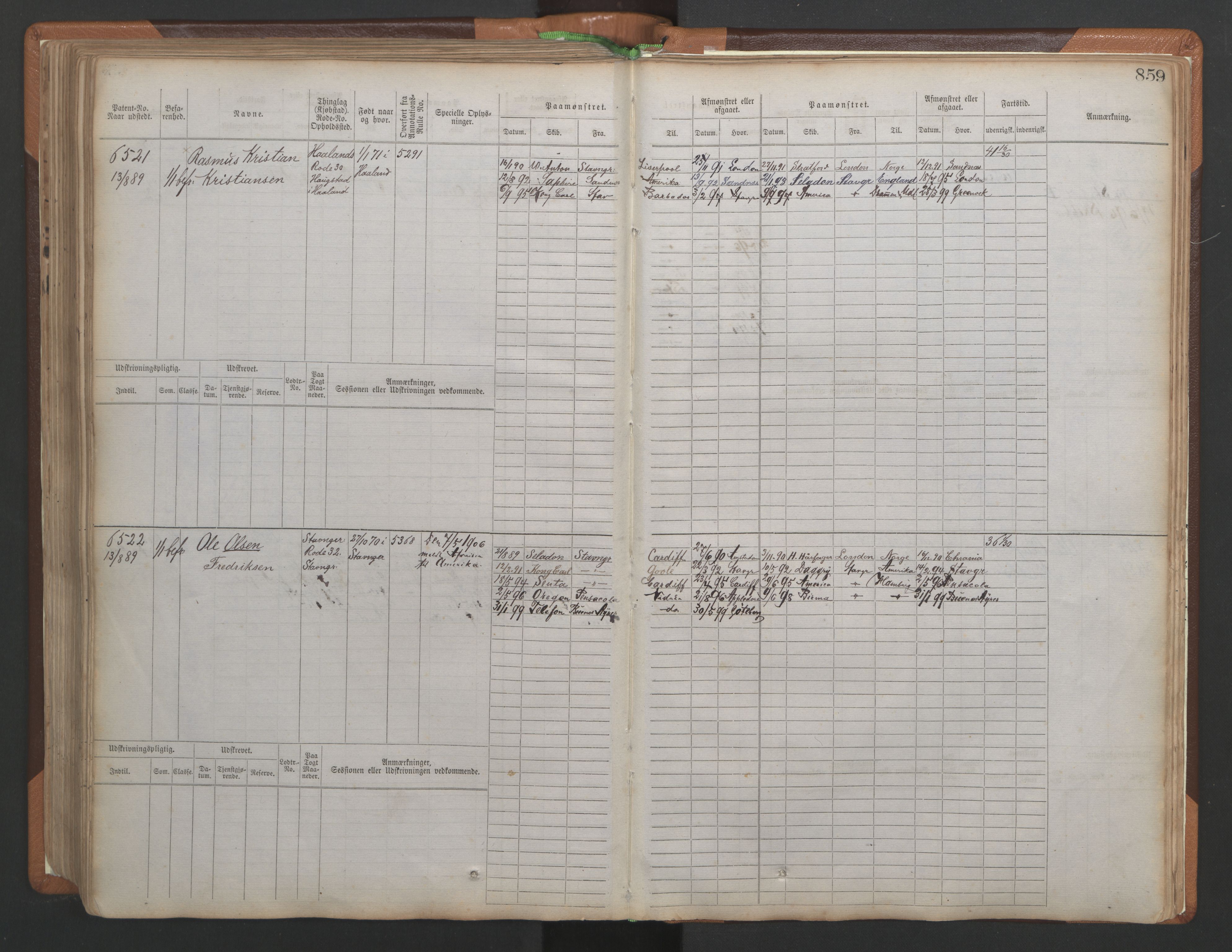 Stavanger sjømannskontor, AV/SAST-A-102006/F/Fb/Fbb/L0010: Sjøfartshovedrulle, patentnr. 6007-6606 (del 1), 1887-1896, s. 263