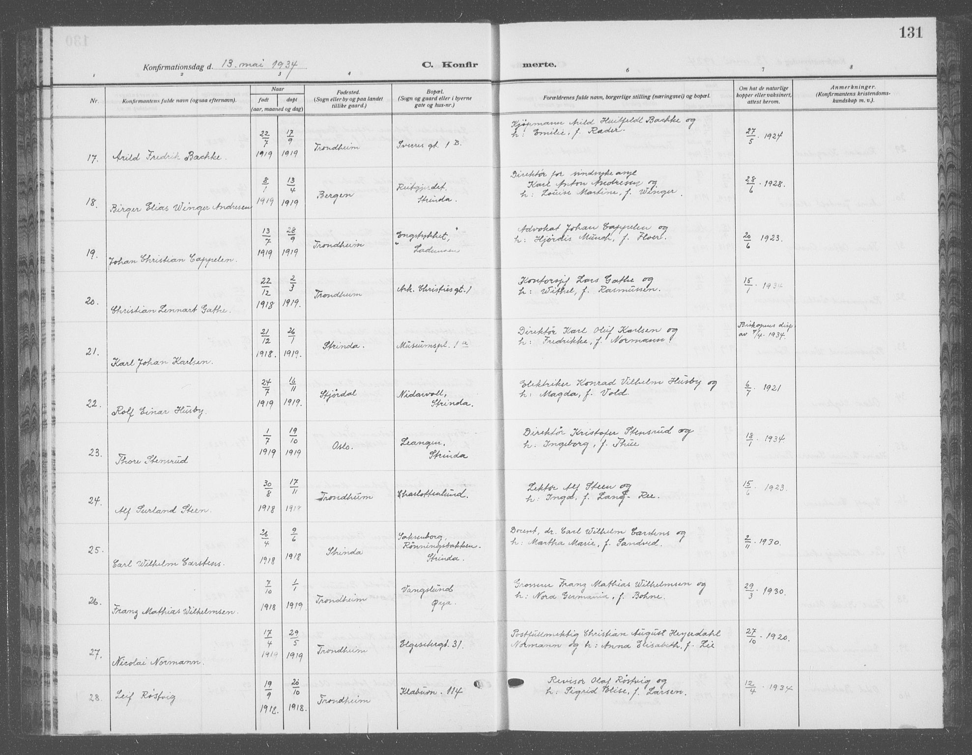 Ministerialprotokoller, klokkerbøker og fødselsregistre - Sør-Trøndelag, SAT/A-1456/601/L0099: Klokkerbok nr. 601C17, 1928-1941, s. 131