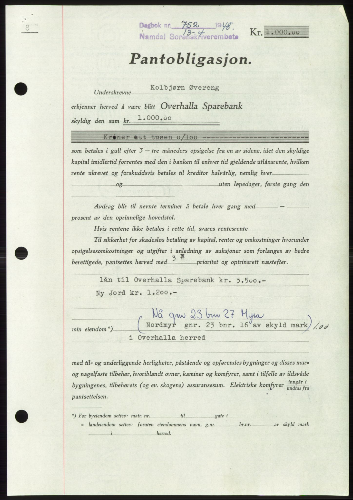 Namdal sorenskriveri, SAT/A-4133/1/2/2C: Pantebok nr. -, 1947-1948, Dagboknr: 752/1948